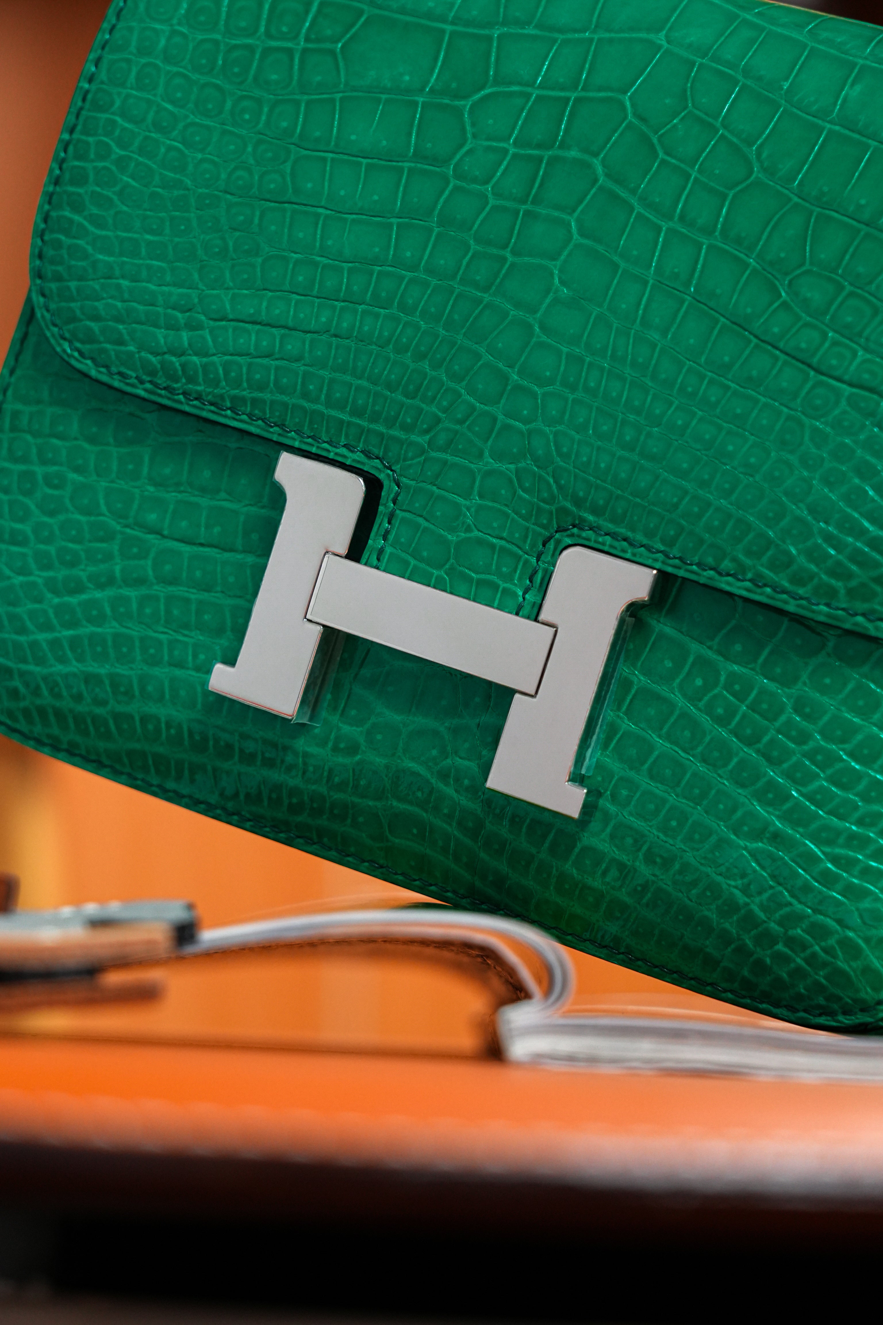 Constance- All Handmade Golden / Sliver Imperial Green Crocodile leather