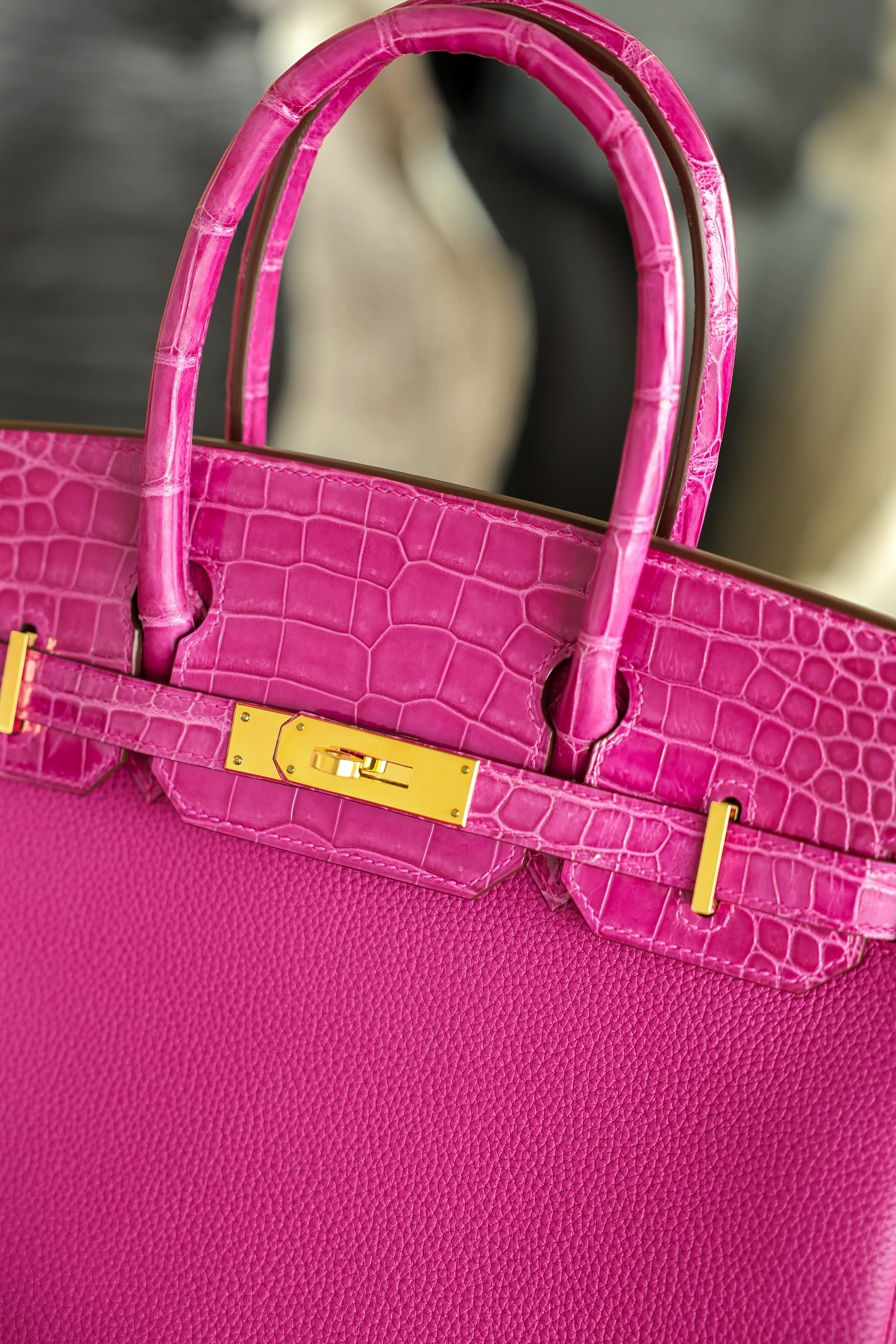 Birkin- All Handmade Golden / Sliver Rose purple swift/Crocodile leather