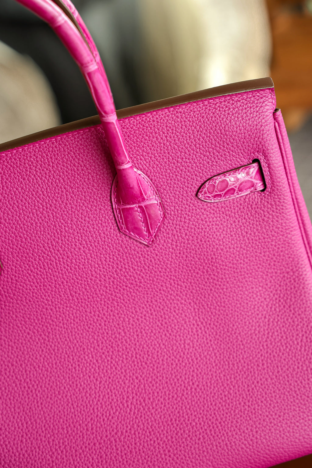 Birkin- All Handmade Golden / Sliver Rose purple swift/Crocodile leather