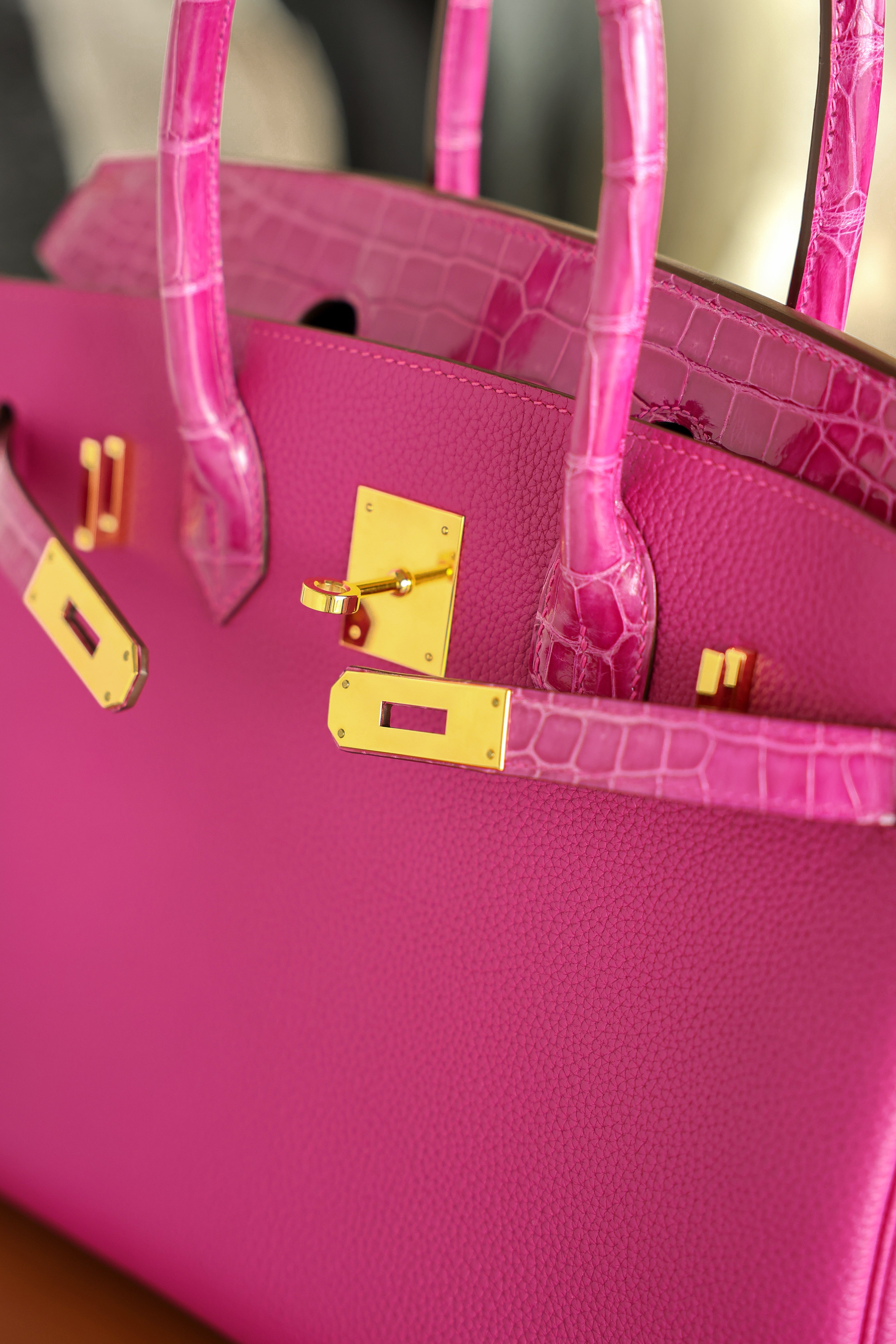 Birkin- All Handmade Golden / Sliver Rose purple swift/Crocodile leather