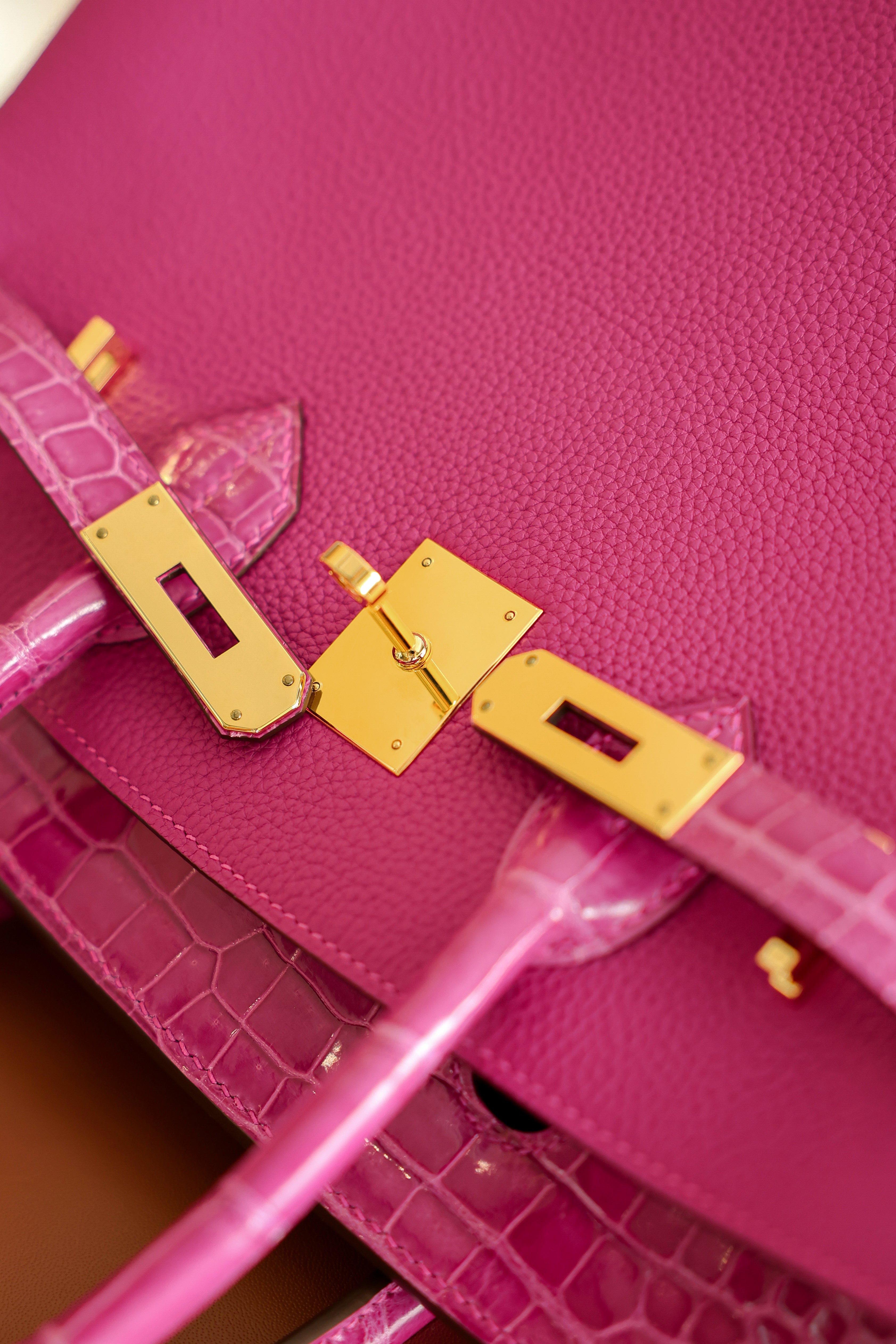 Birkin- All Handmade Golden / Sliver Rose purple swift/Crocodile leather