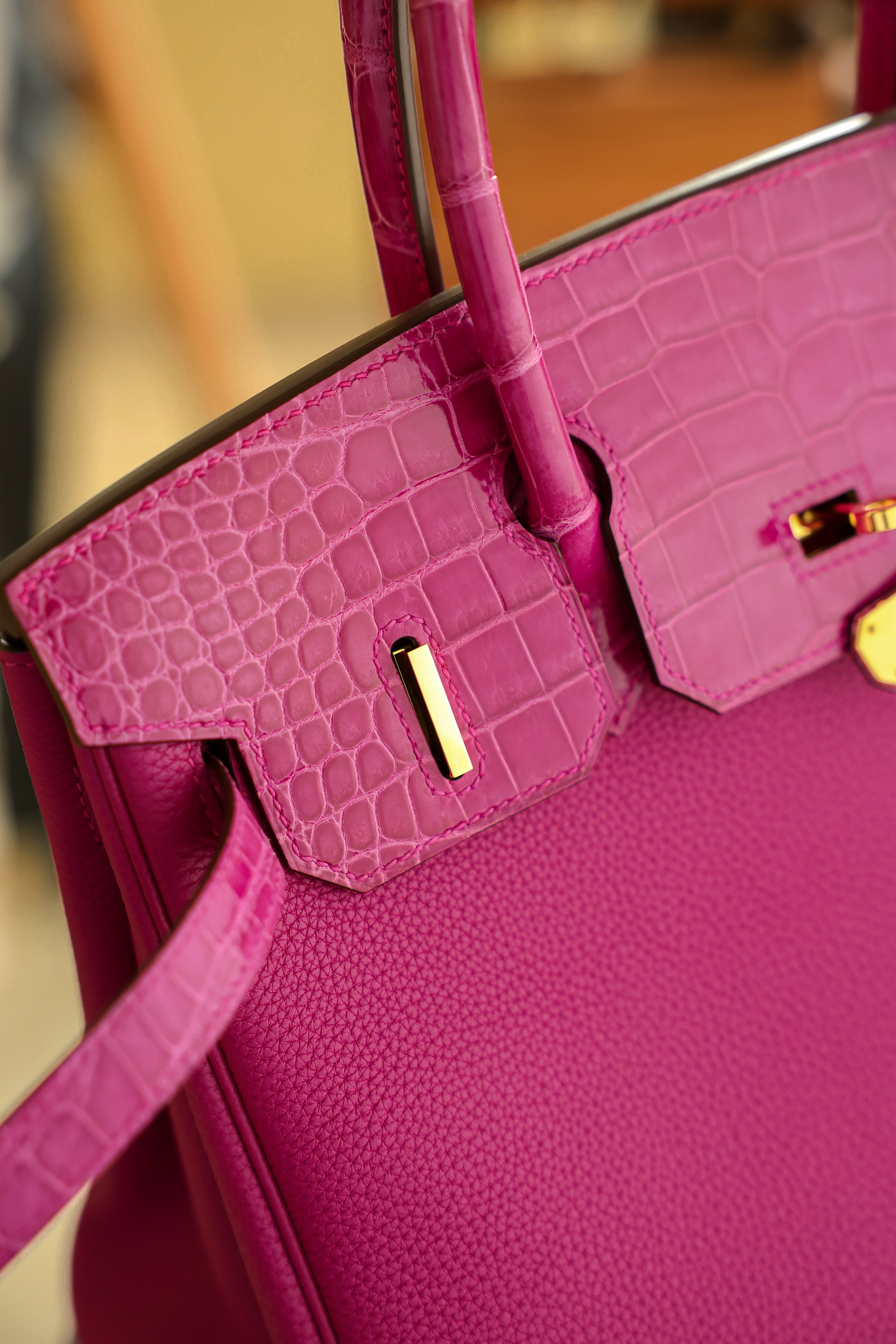 Birkin- All Handmade Golden / Sliver Rose purple swift/Crocodile leather