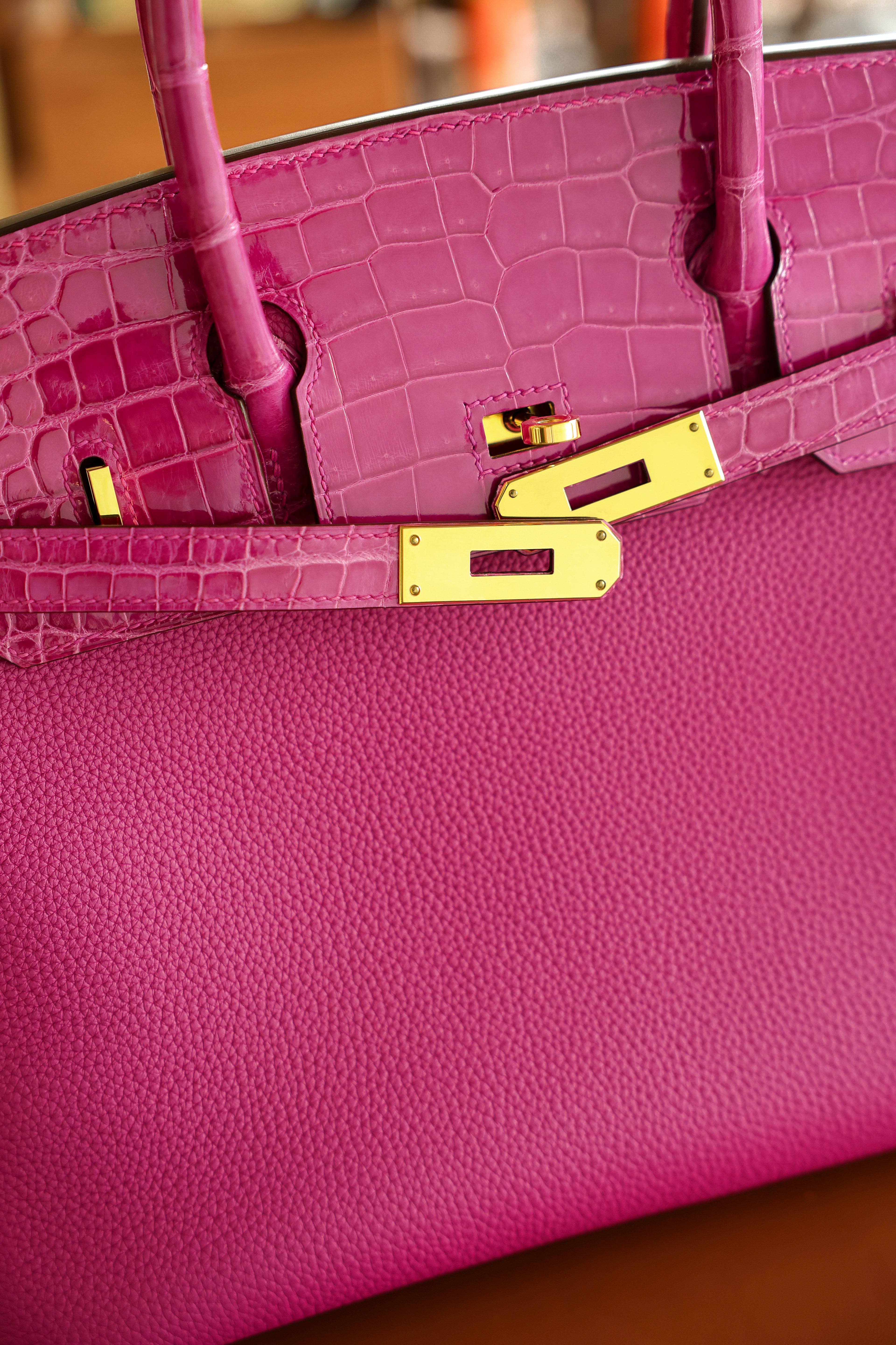 Birkin- All Handmade Golden / Sliver Rose purple swift/Crocodile leather