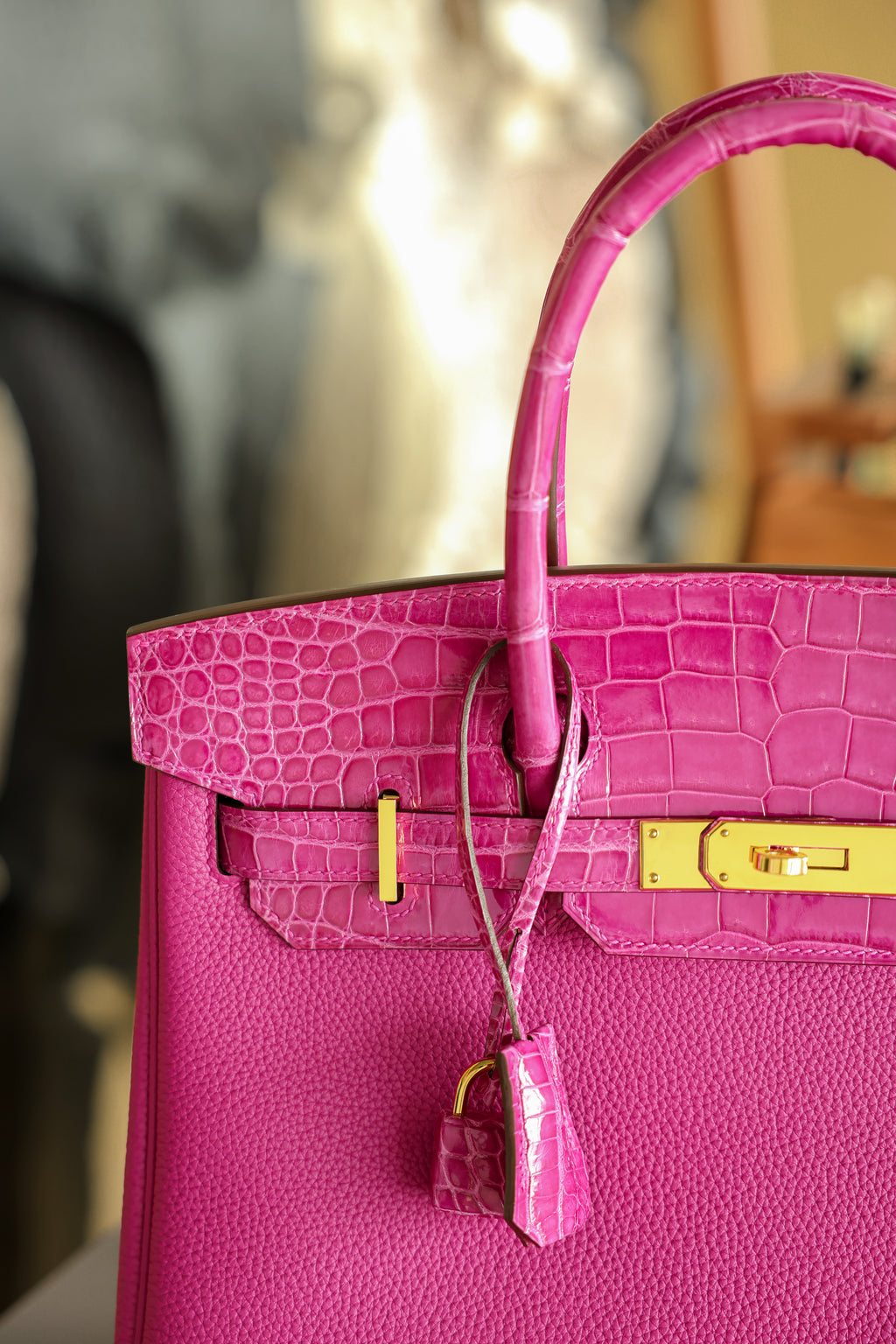 Birkin- All Handmade Golden / Sliver Rose purple swift/Crocodile leather
