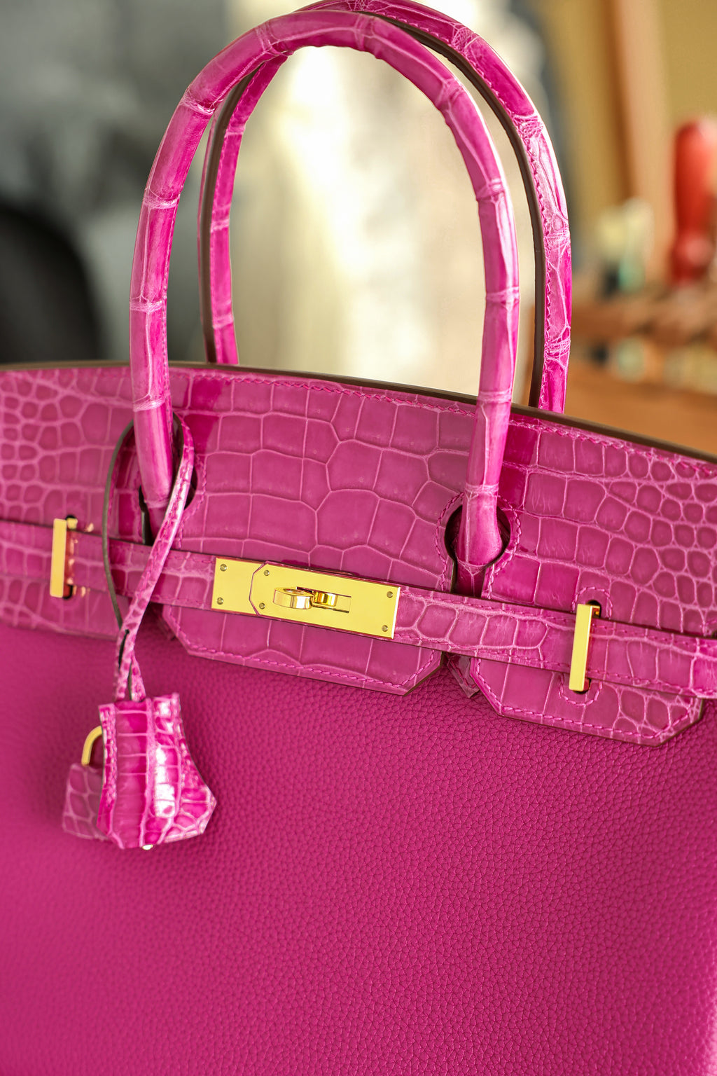 Birkin- All Handmade Golden / Sliver Rose purple swift/Crocodile leather