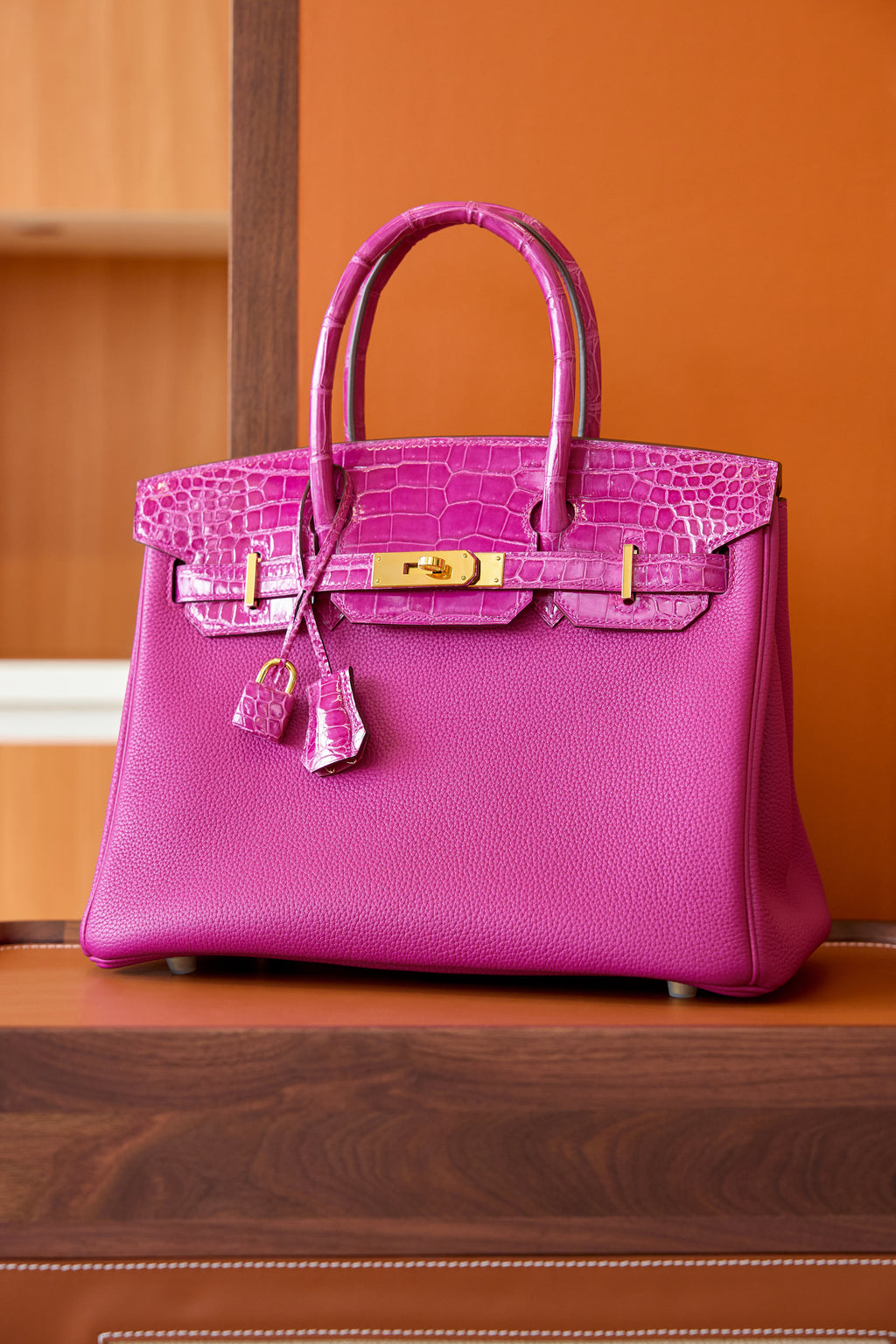 Birkin- All Handmade Golden / Sliver Rose purple swift/Crocodile leather