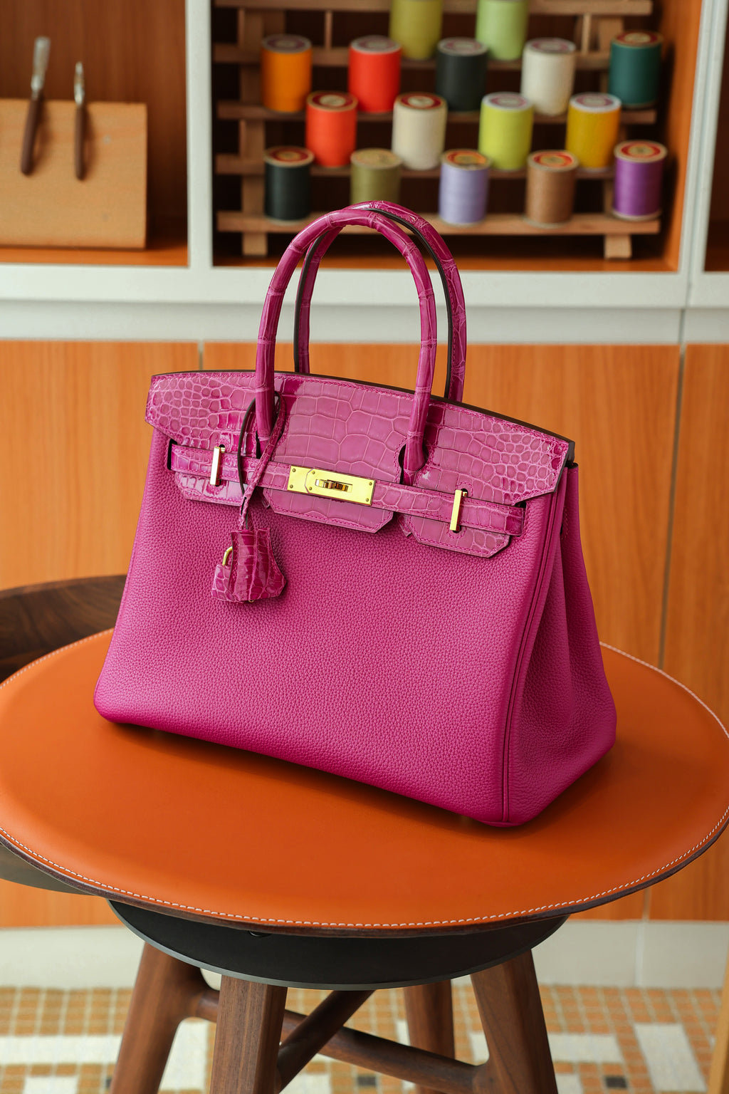 Birkin- All Handmade Golden / Sliver Rose purple swift/Crocodile leather