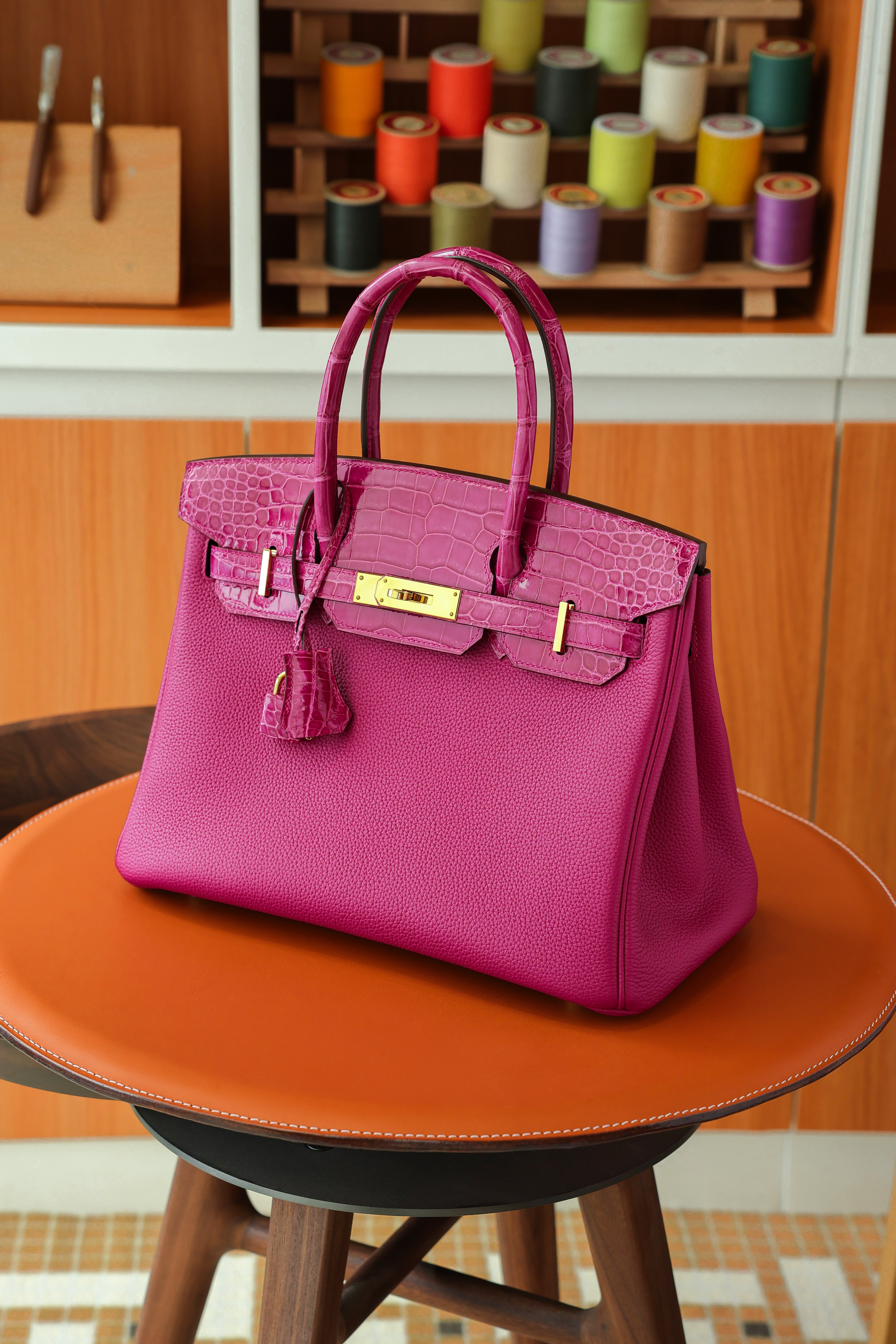 Birkin- All Handmade Golden / Sliver Rose purple swift/Crocodile leather