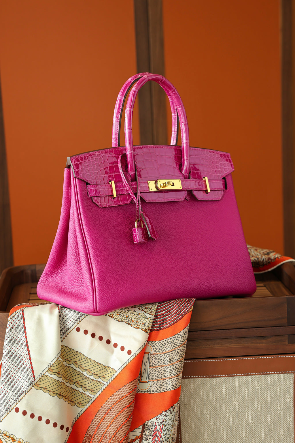 Birkin- All Handmade Golden / Sliver Rose purple swift/Crocodile leather