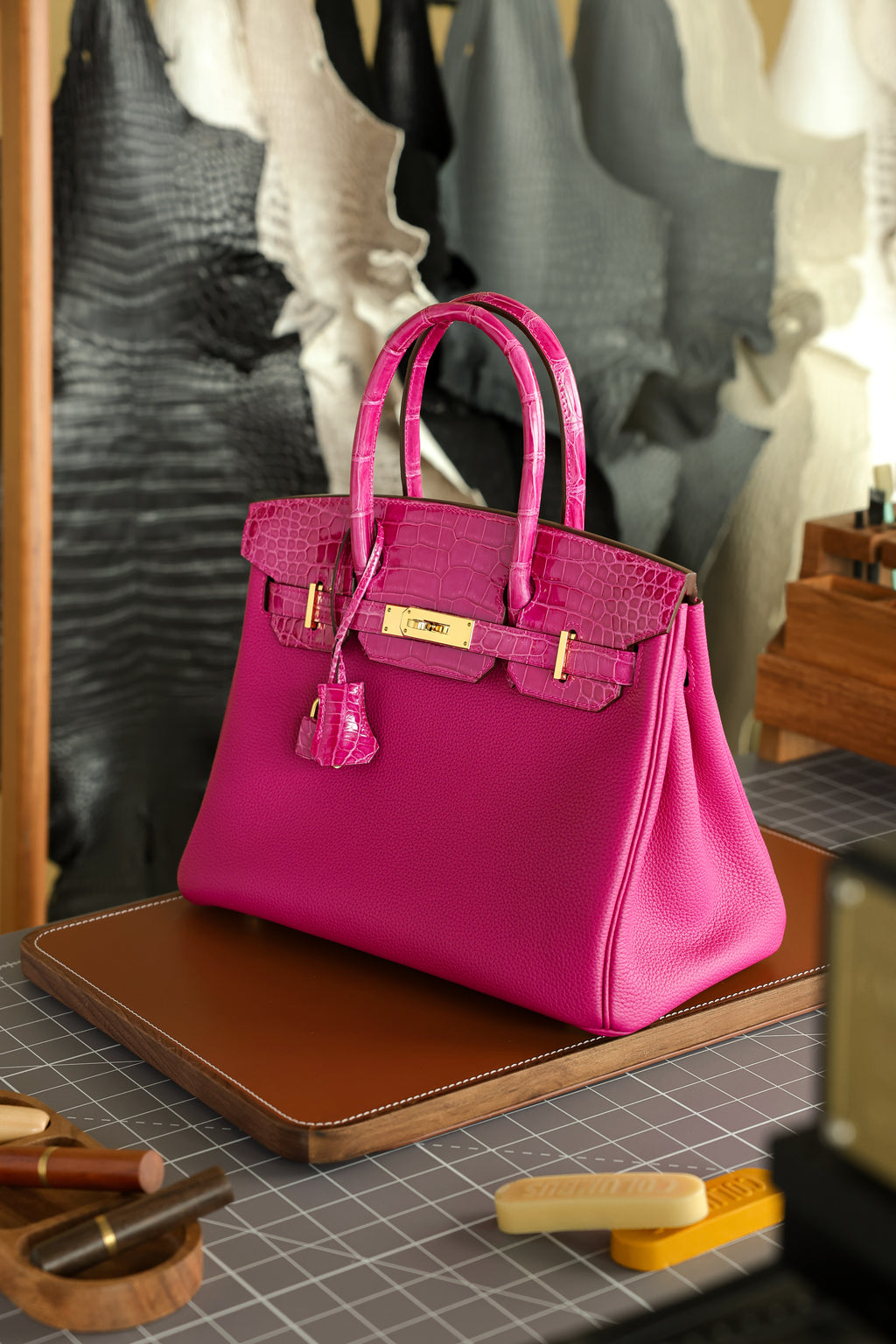 Birkin- All Handmade Golden / Sliver Rose purple swift/Crocodile leather