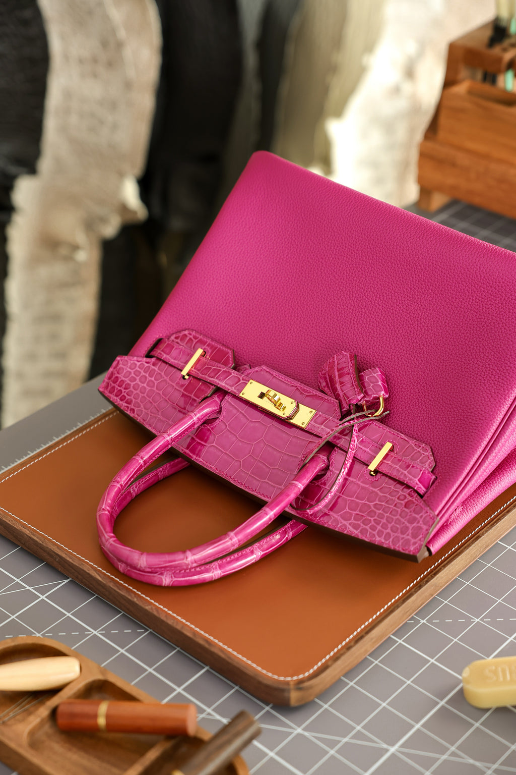 Birkin- All Handmade Golden / Sliver Rose purple swift/Crocodile leather