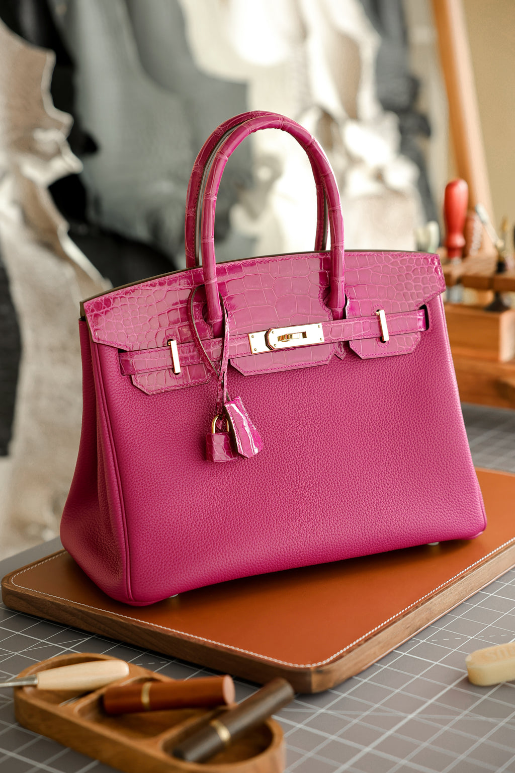 Birkin- All Handmade Golden / Sliver Rose purple swift/Crocodile leather