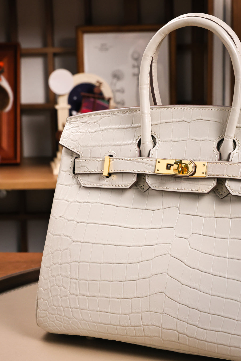 BK-2024 All Handmade Golden / Sliver Hardware Blanc Matte Nile crocodile leather