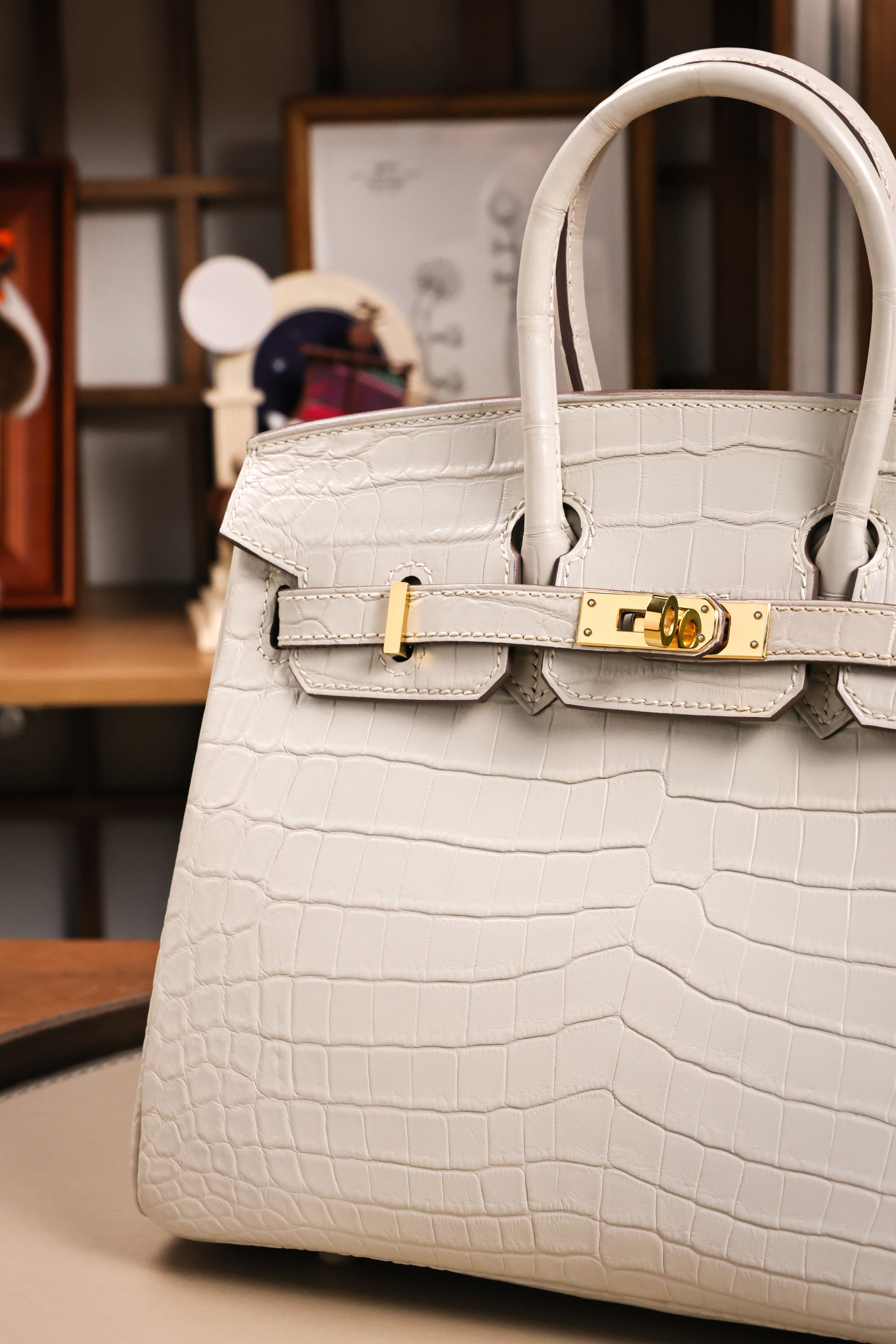 BK-2024 All Handmade Golden / Sliver Hardware Blanc Matte Nile crocodile leather