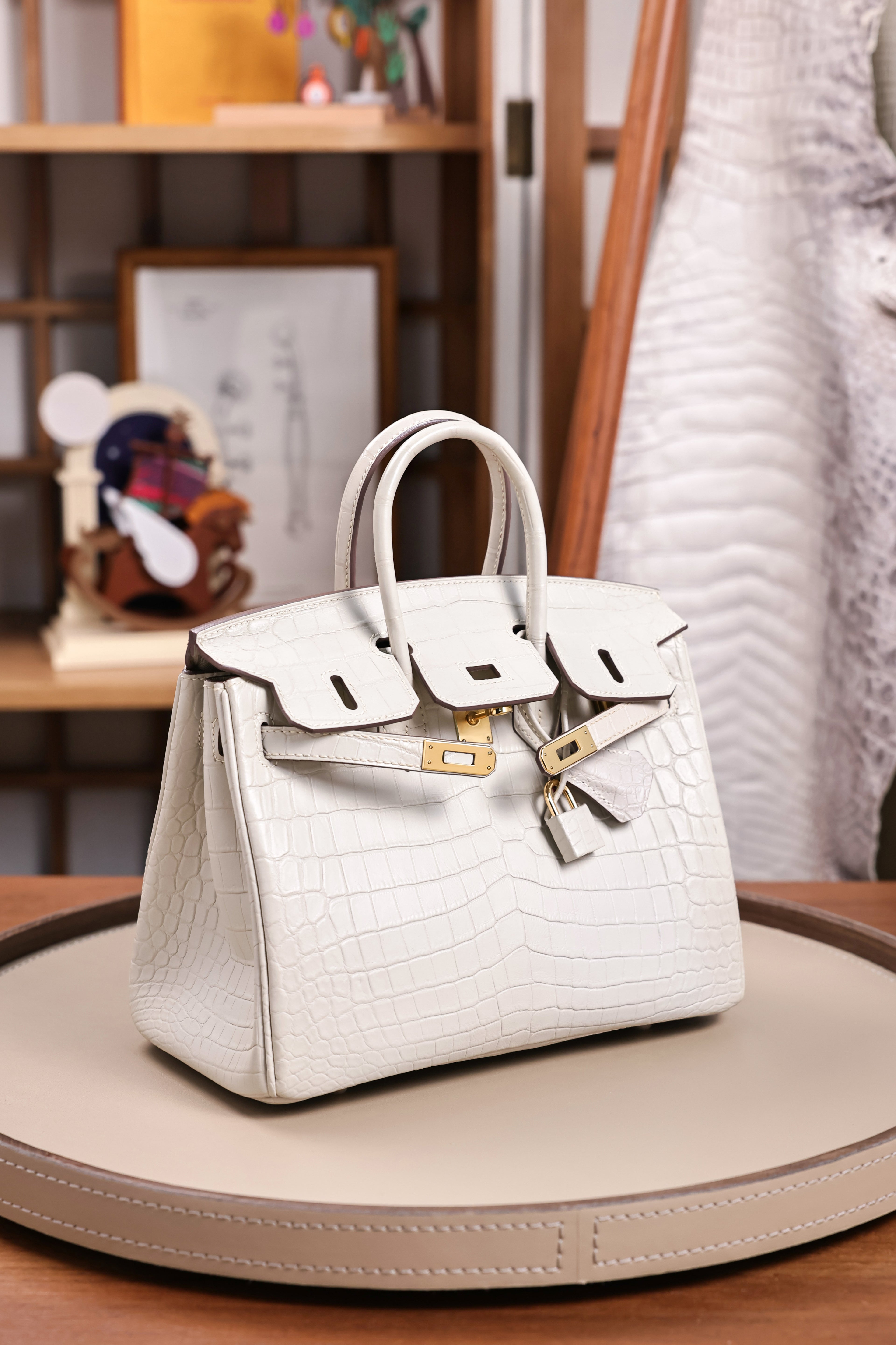 BK-2024 All Handmade Golden / Sliver Hardware Blanc Matte Nile crocodile leather