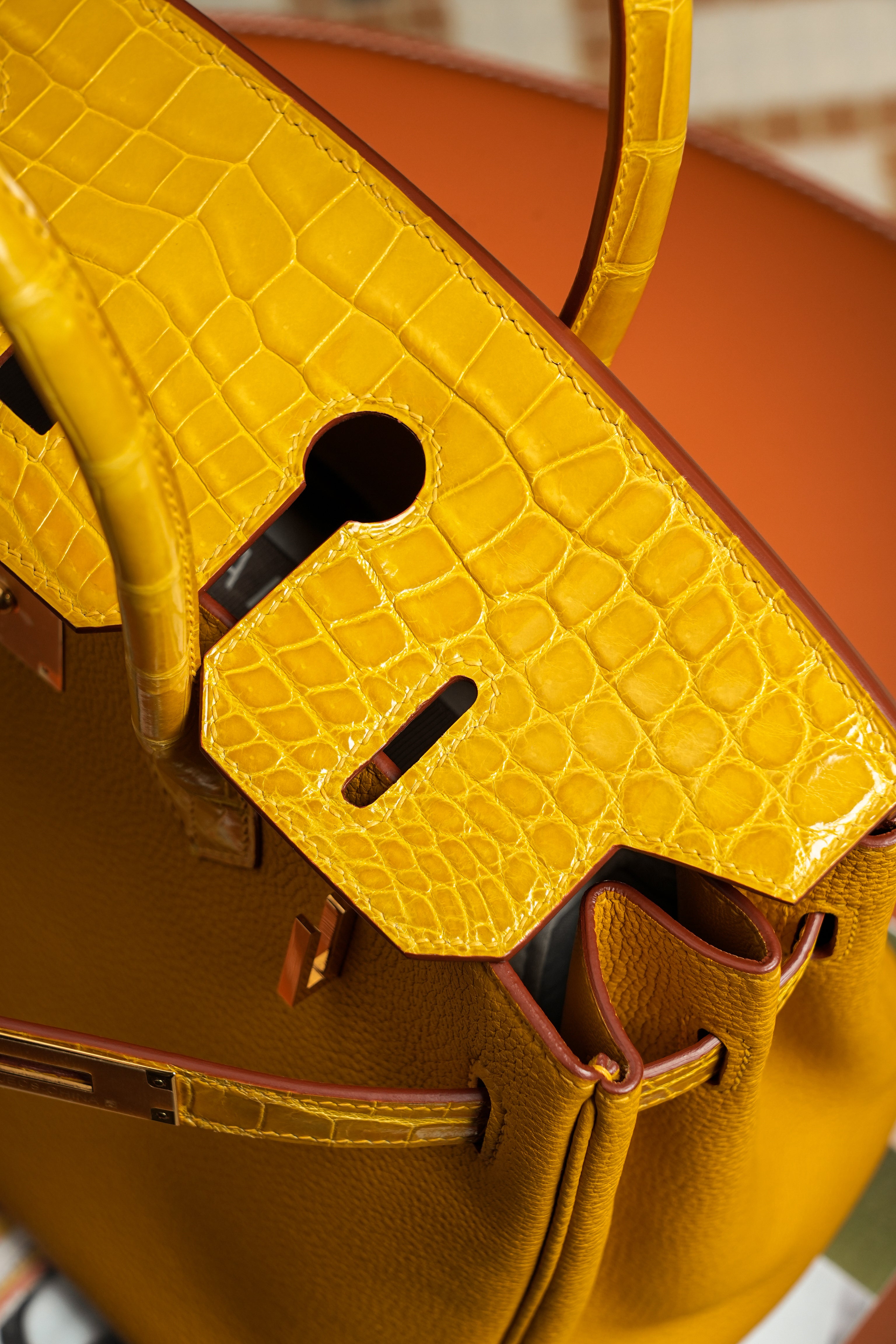 Birkin- All Handmade Golden / Sliver Amber yellow Crocodile/togo leather