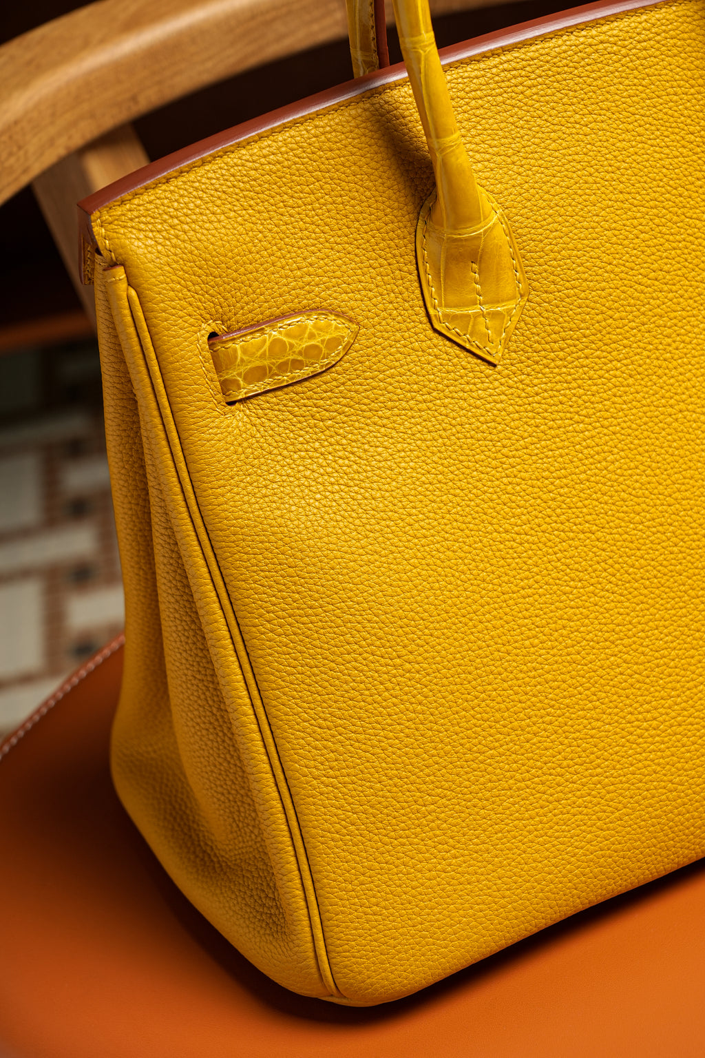 Birkin- All Handmade Golden / Sliver Amber yellow Crocodile/togo leather