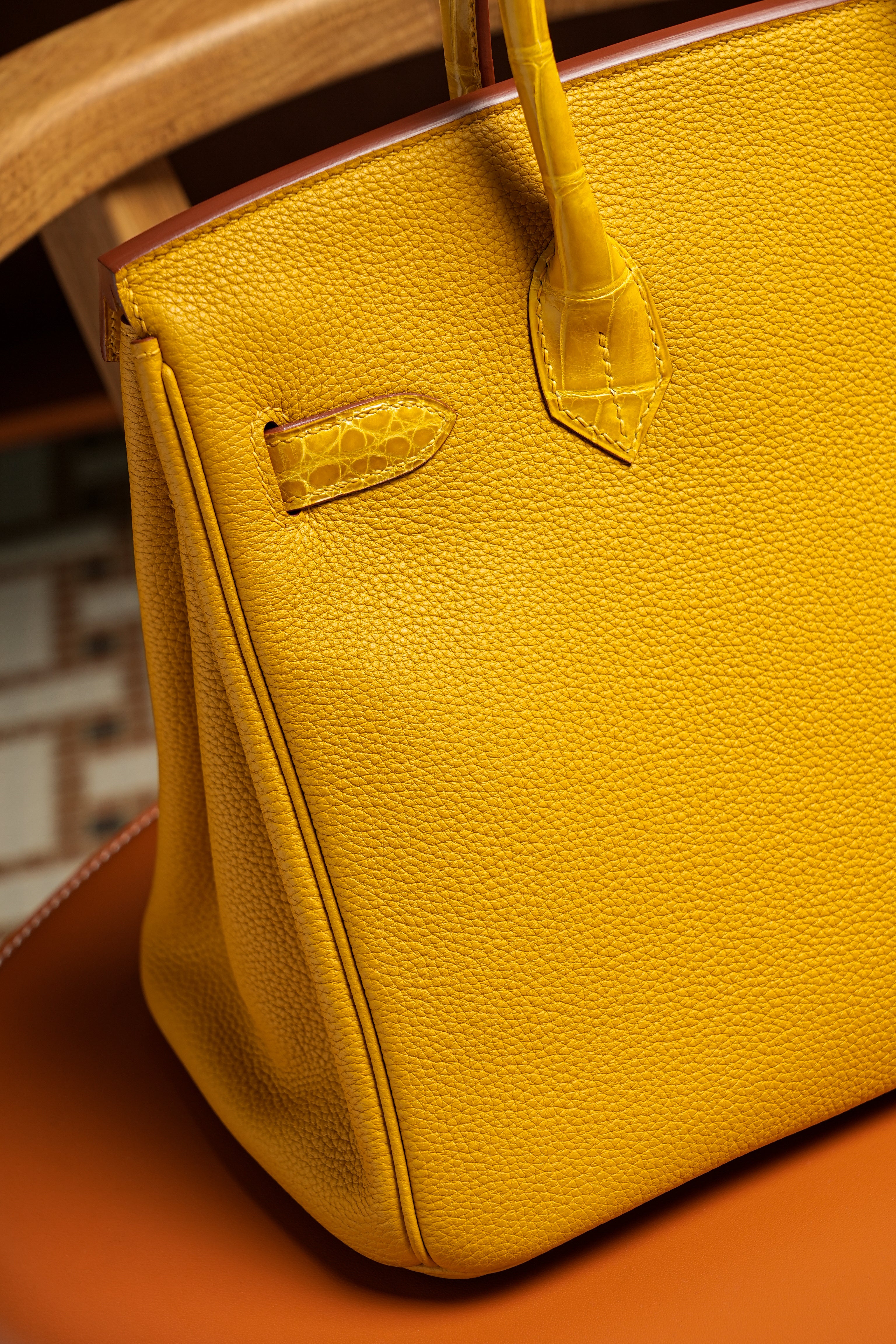 Birkin- All Handmade Golden / Sliver Amber yellow Crocodile/togo leather