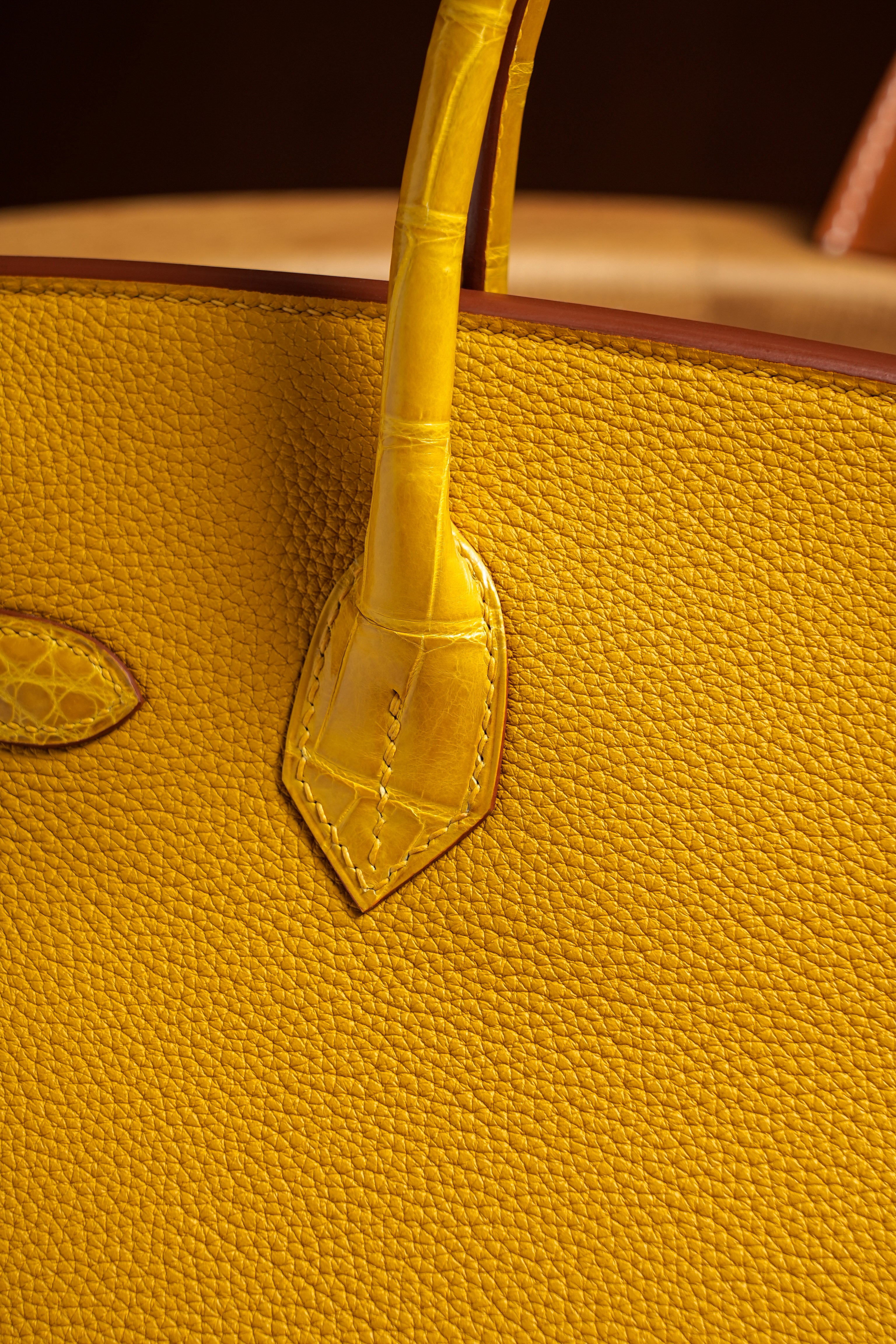 Birkin- All Handmade Golden / Sliver Amber yellow Crocodile/togo leather