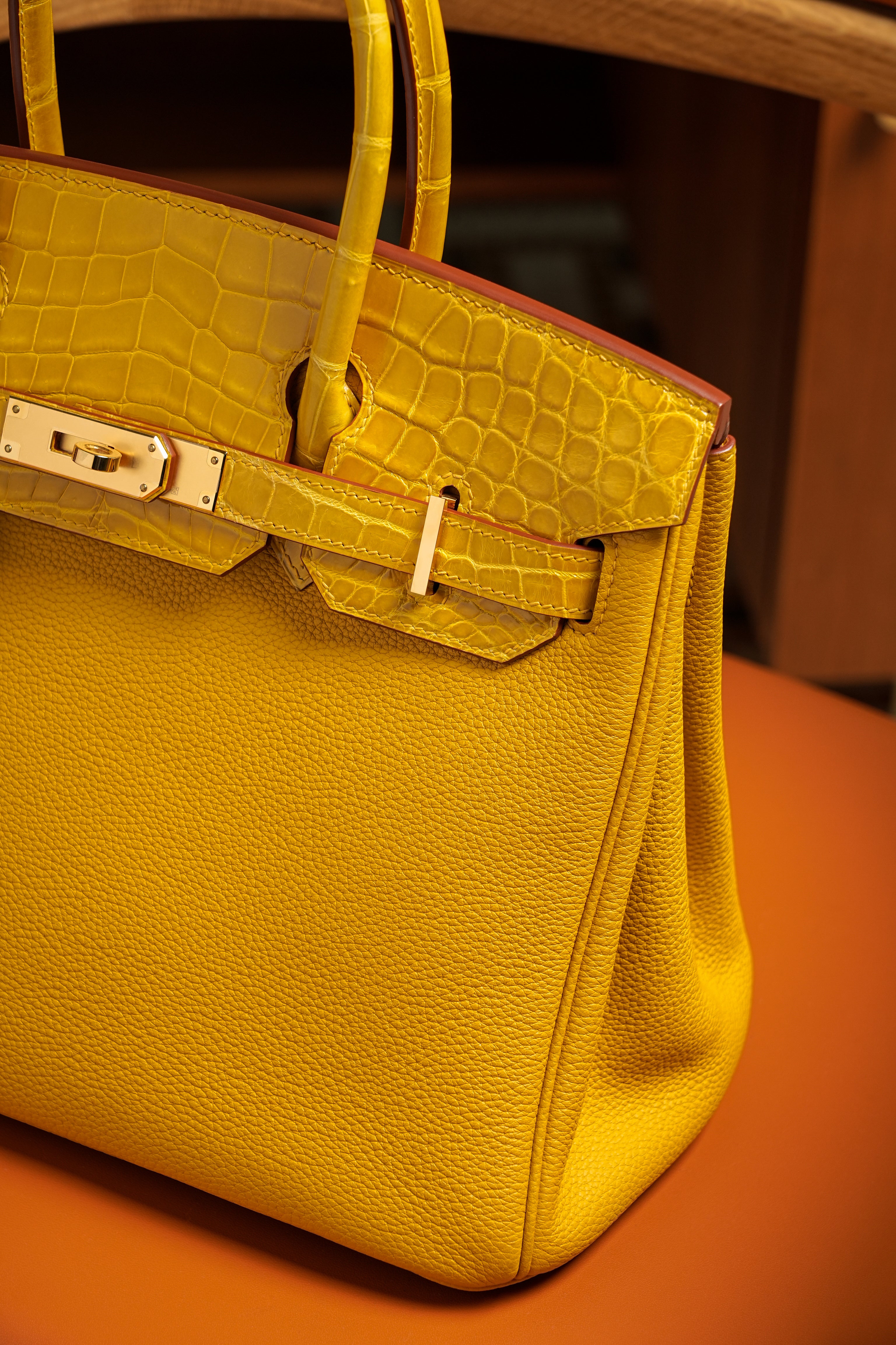 Birkin- All Handmade Golden / Sliver Amber yellow Crocodile/togo leather