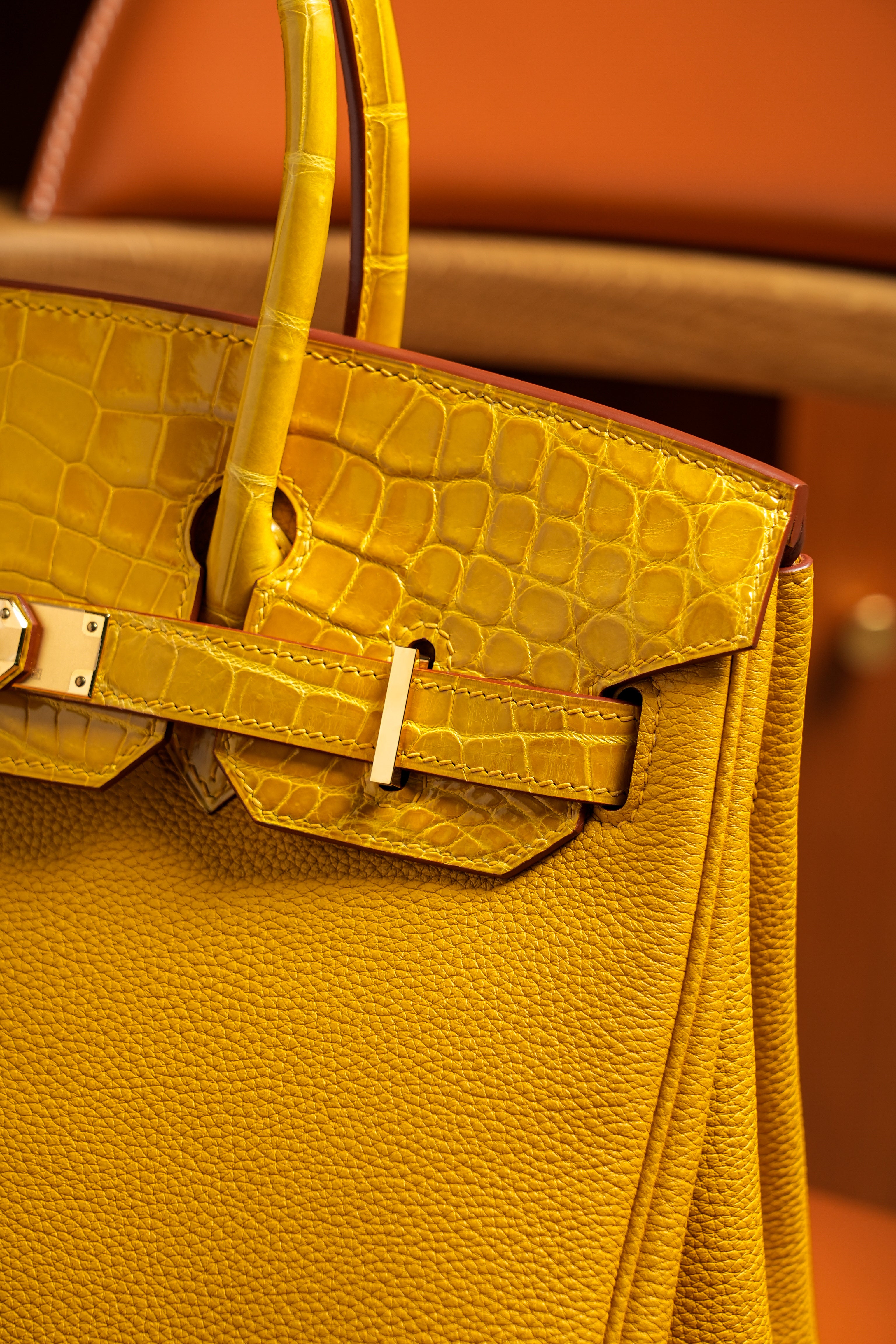 Birkin- All Handmade Golden / Sliver Amber yellow Crocodile/togo leather