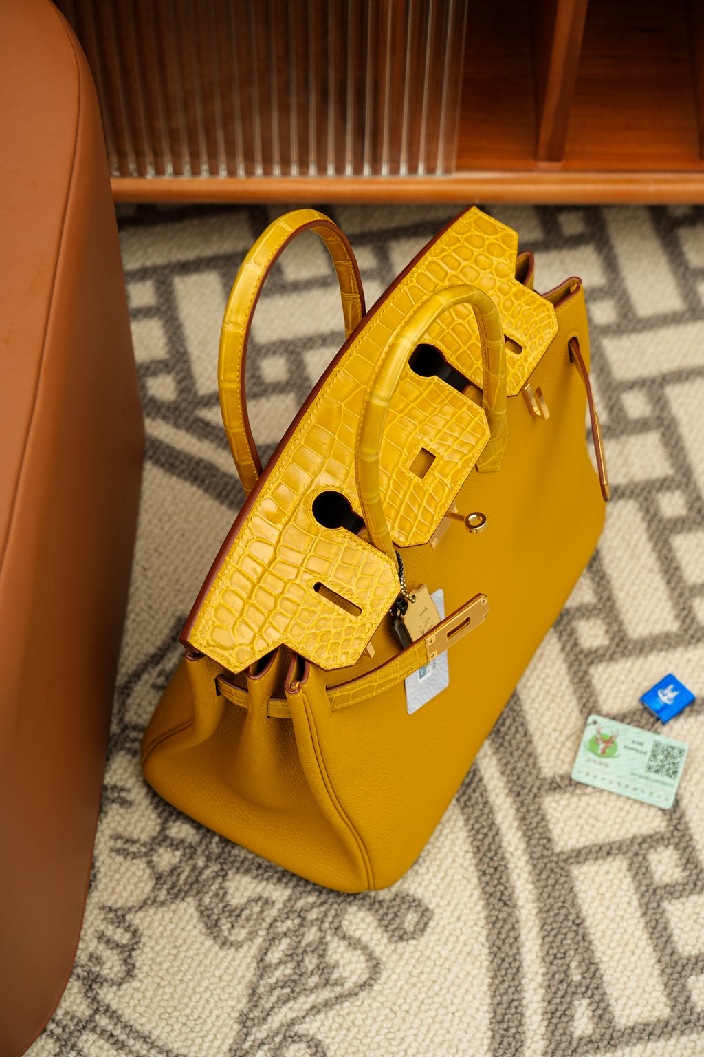 Birkin- All Handmade Golden / Sliver Amber yellow Crocodile/togo leather