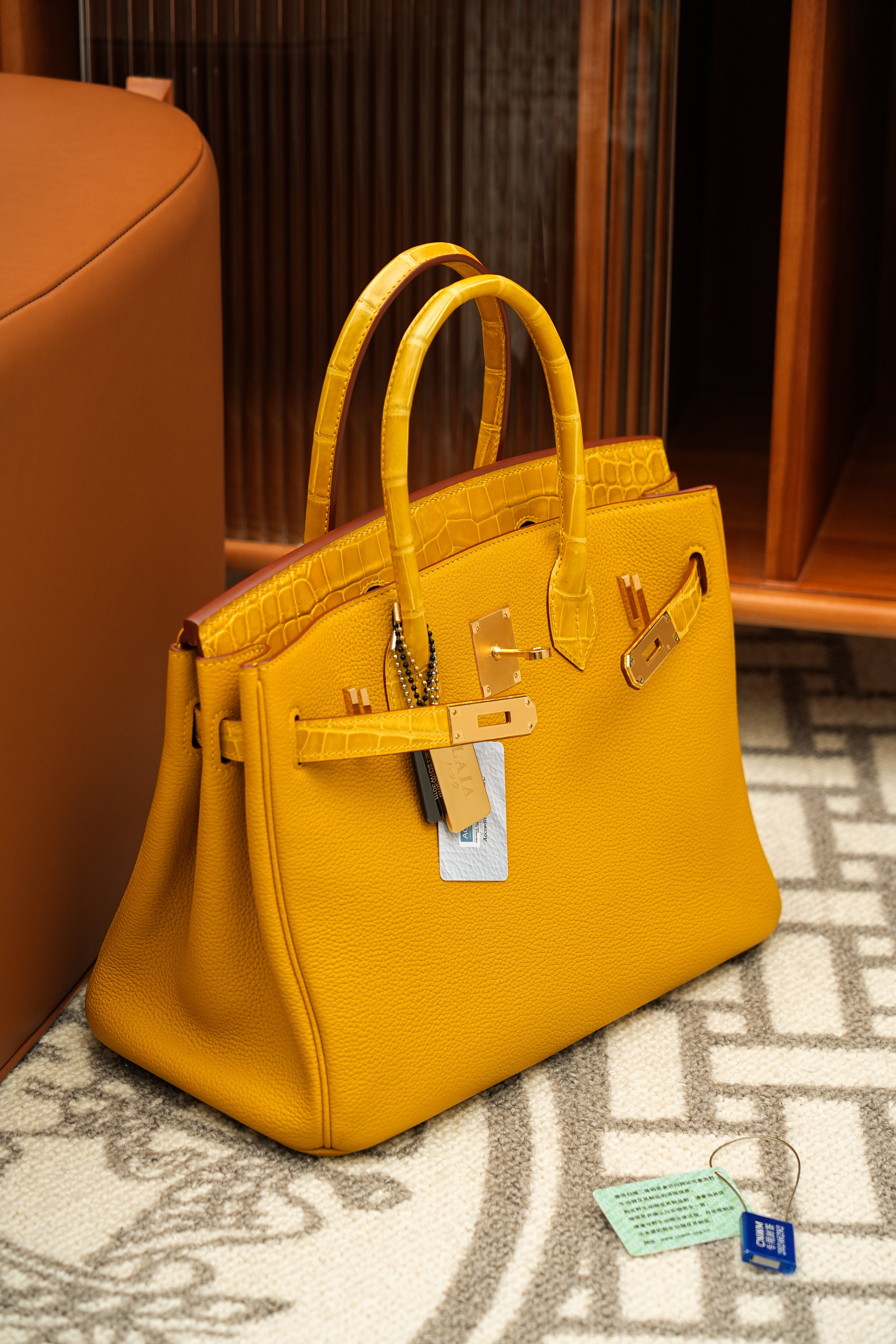 Birkin- All Handmade Golden / Sliver Amber yellow Crocodile/togo leather
