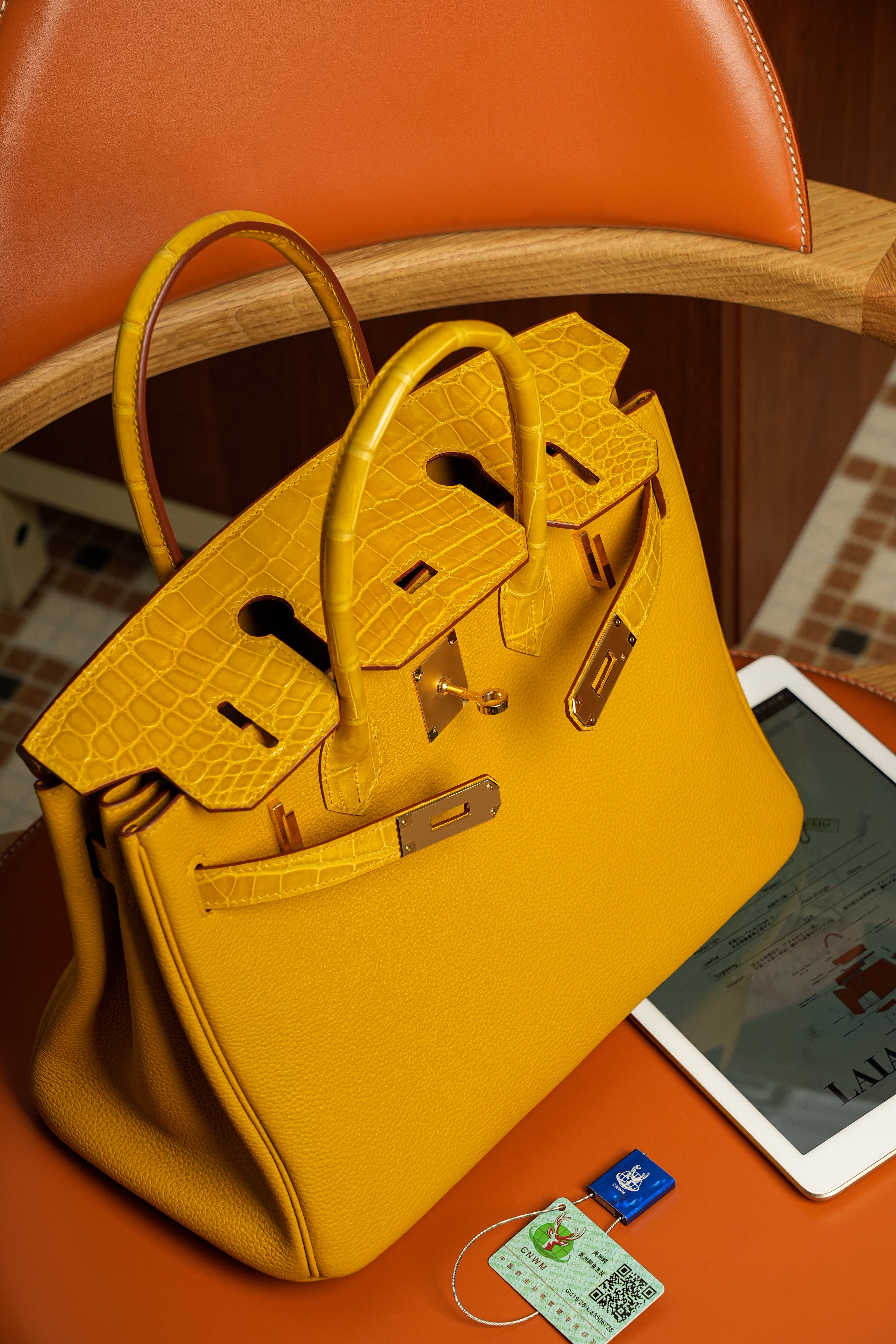 Birkin- All Handmade Golden / Sliver Amber yellow Crocodile/togo leather