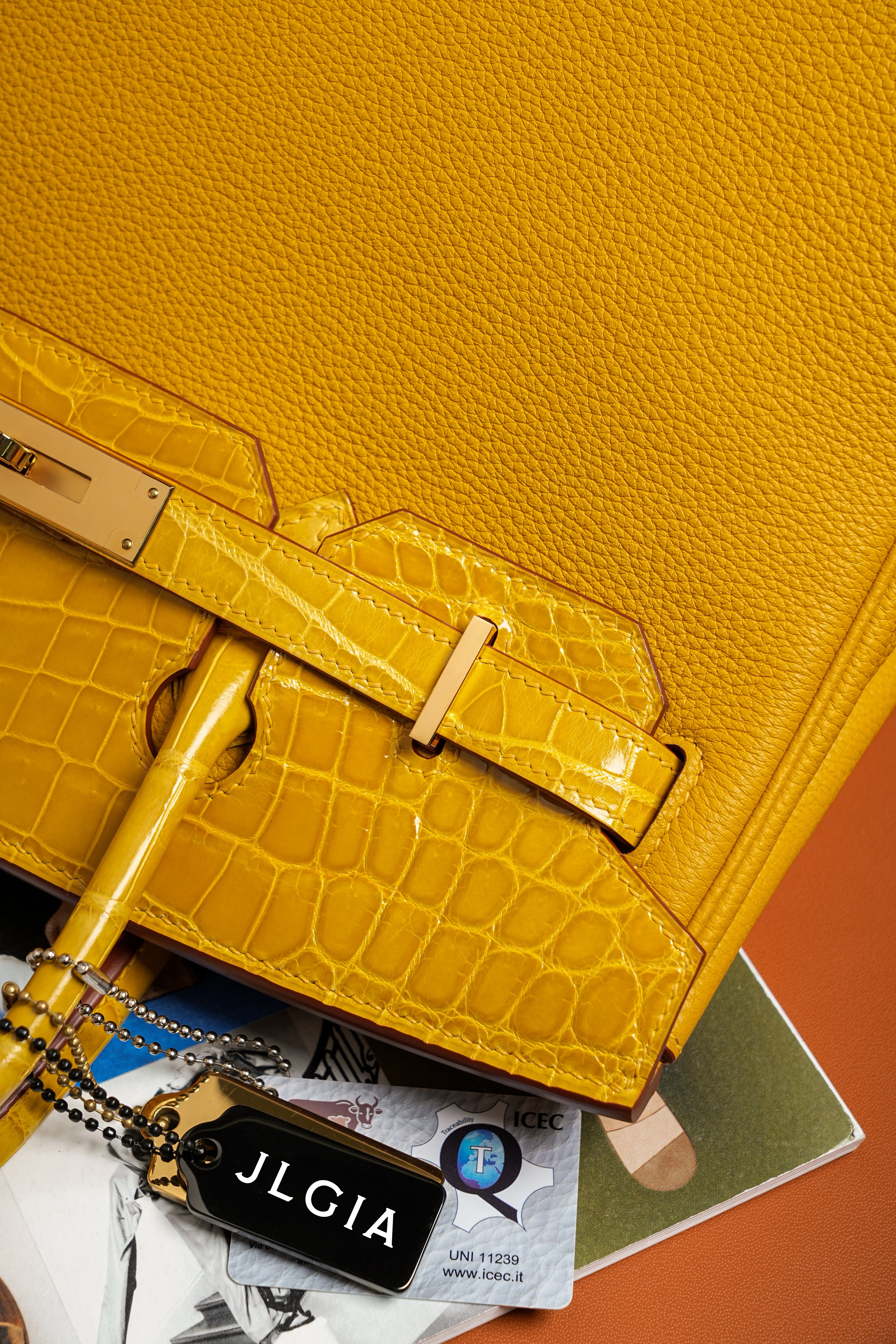 Birkin- All Handmade Golden / Sliver Amber yellow Crocodile/togo leather
