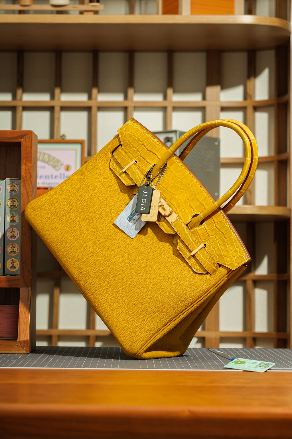 Birkin- All Handmade Golden / Sliver Amber yellow Crocodile/togo leather