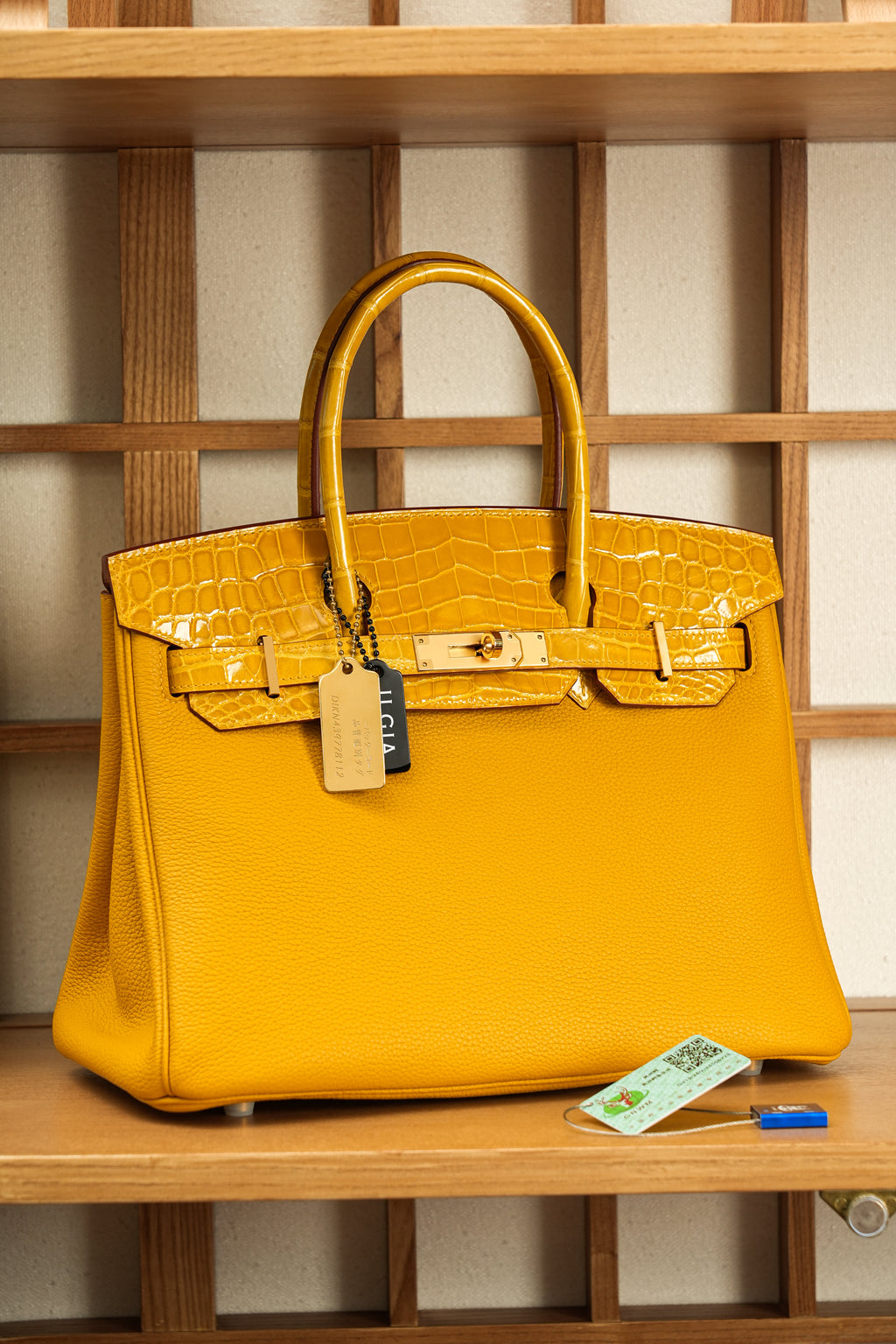 Birkin- All Handmade Golden / Sliver Amber yellow Crocodile/togo leather