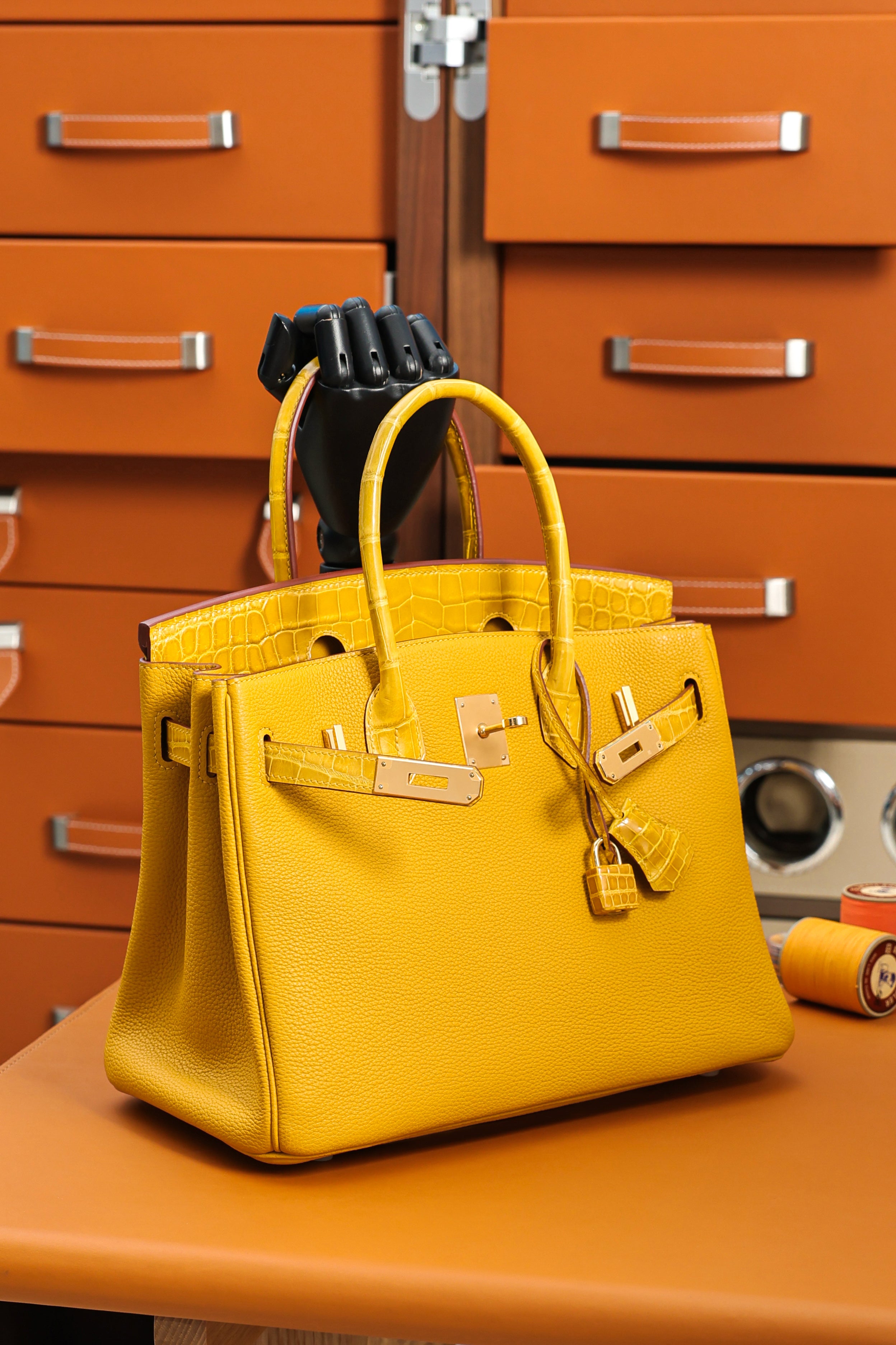 Birkin- All Handmade Golden / Sliver Amber yellow Crocodile/togo leather