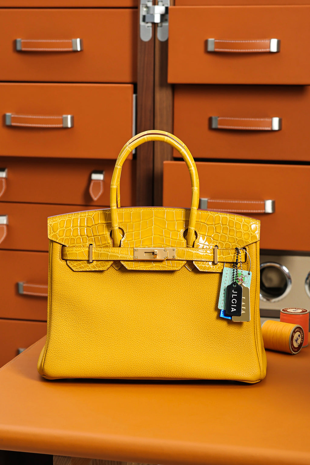 Birkin- All Handmade Golden / Sliver Amber yellow Crocodile/togo leather