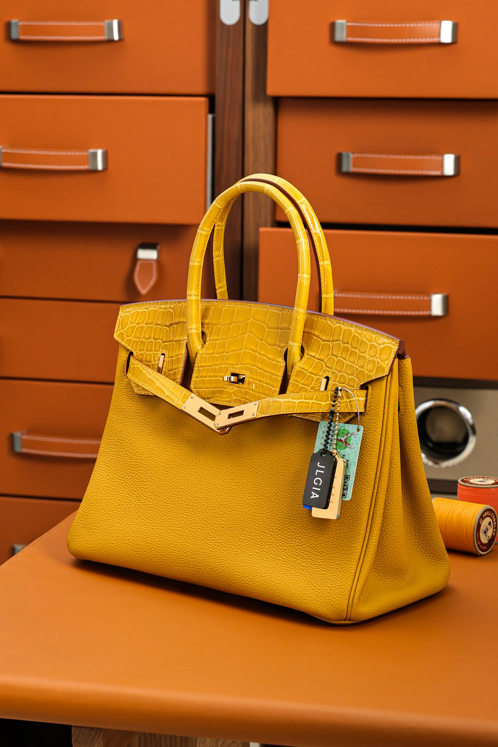 Birkin- All Handmade Golden / Sliver Amber yellow Crocodile/togo leather
