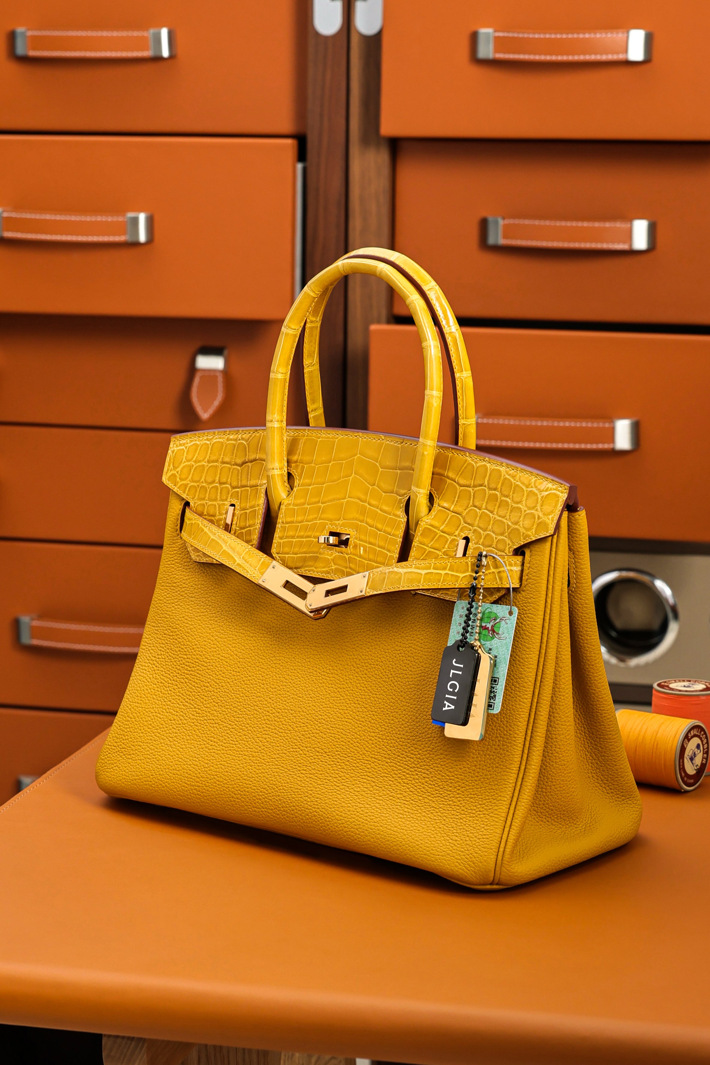 Birkin- All Handmade Golden / Sliver Amber yellow Crocodile/togo leather
