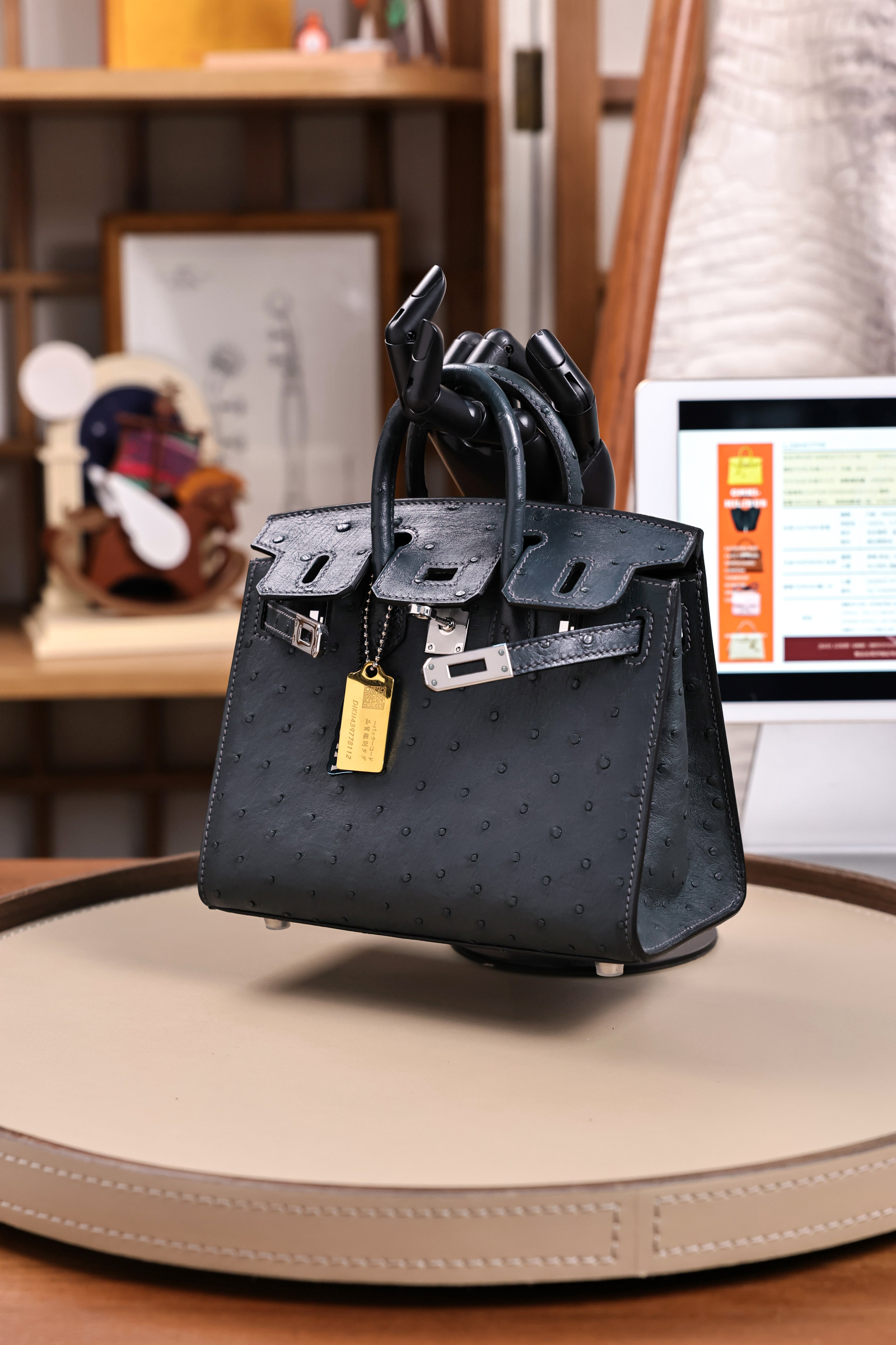 BK-2024 All Handmade Golden Hardware Graphite ostrich leather