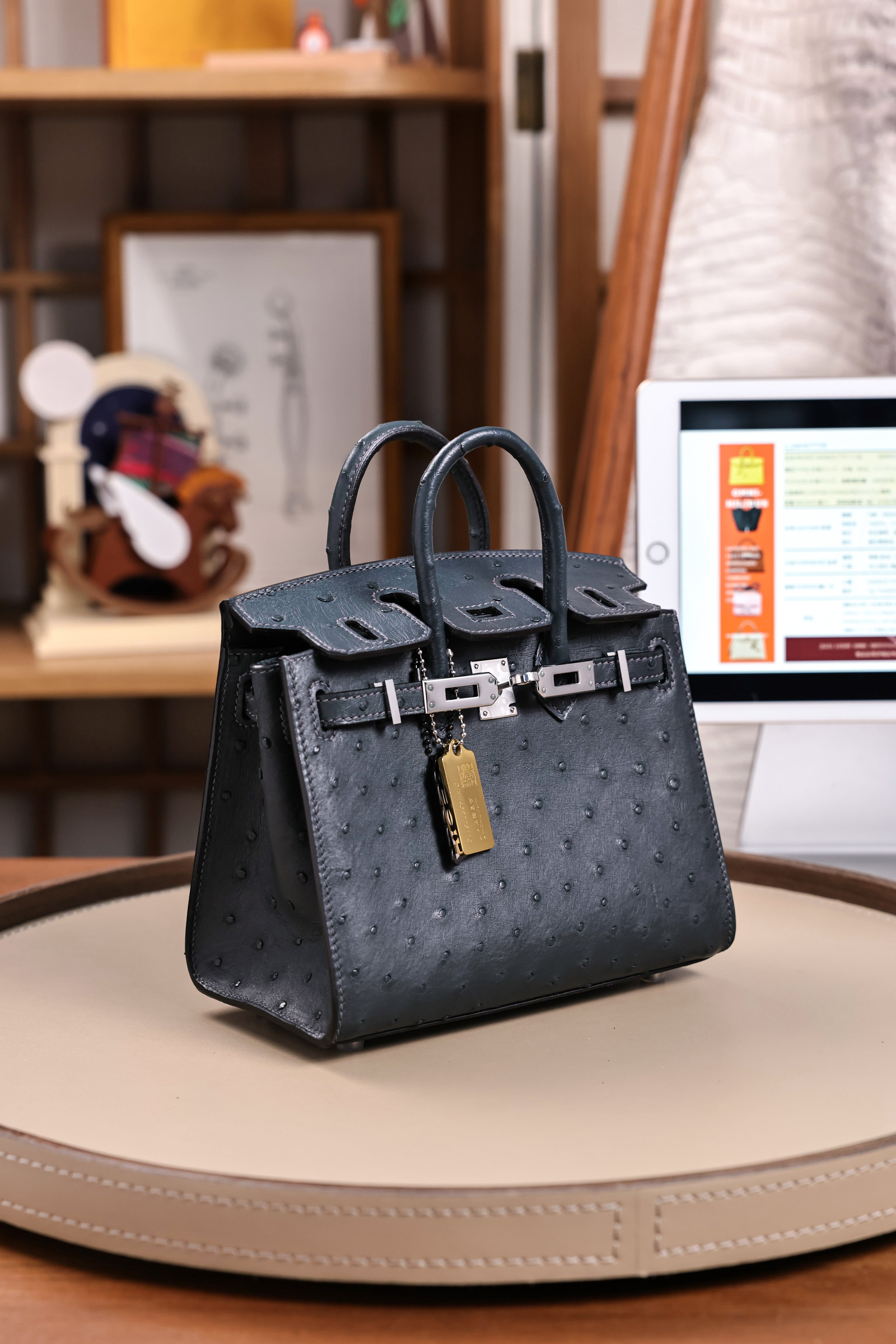 BK-2024 All Handmade Golden Hardware Graphite ostrich leather