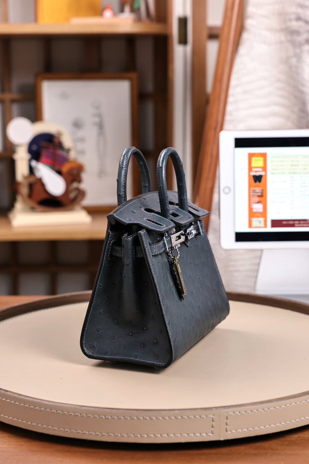BK-2024 All Handmade Golden Hardware Graphite ostrich leather