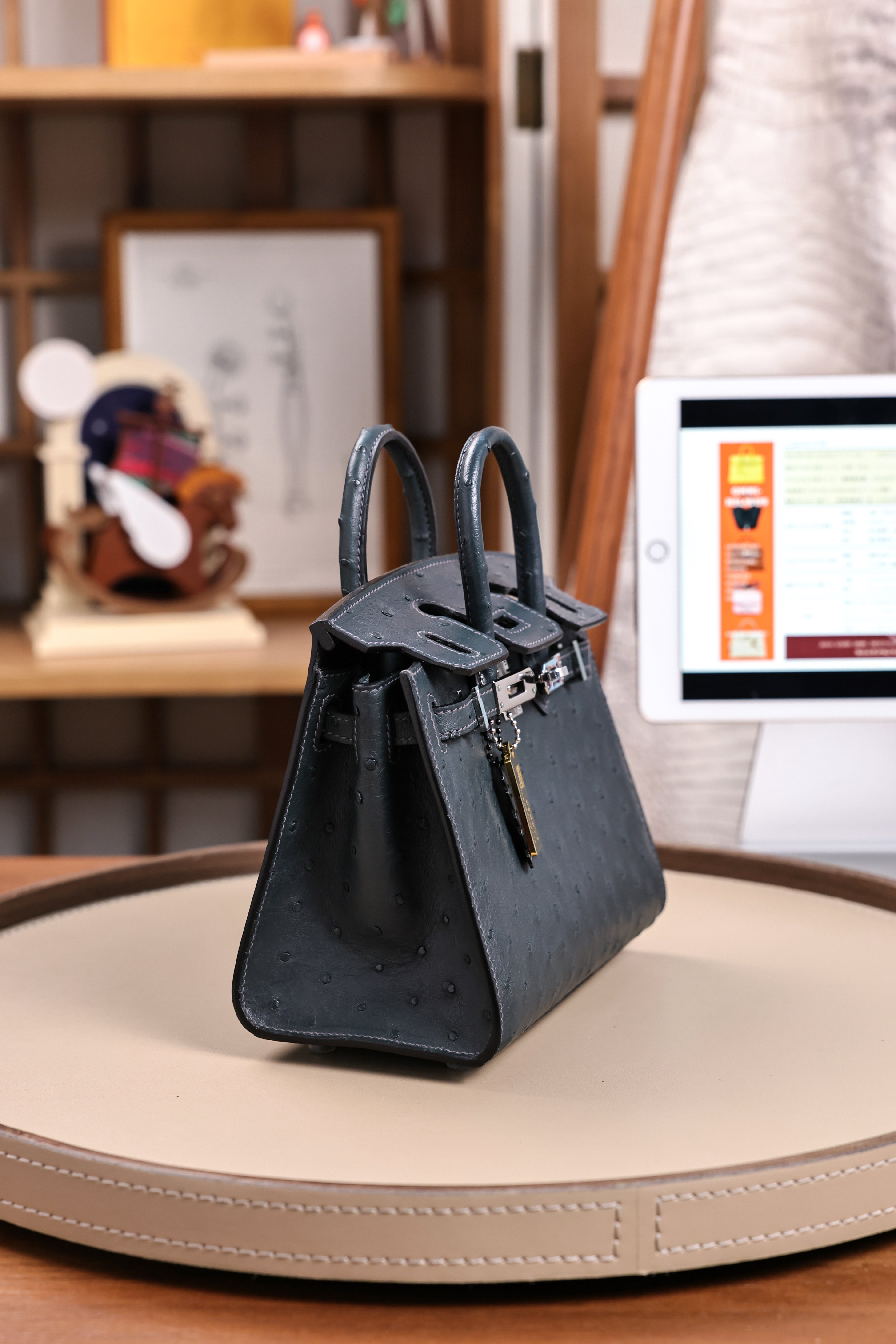 BK-2024 All Handmade Golden Hardware Graphite ostrich leather