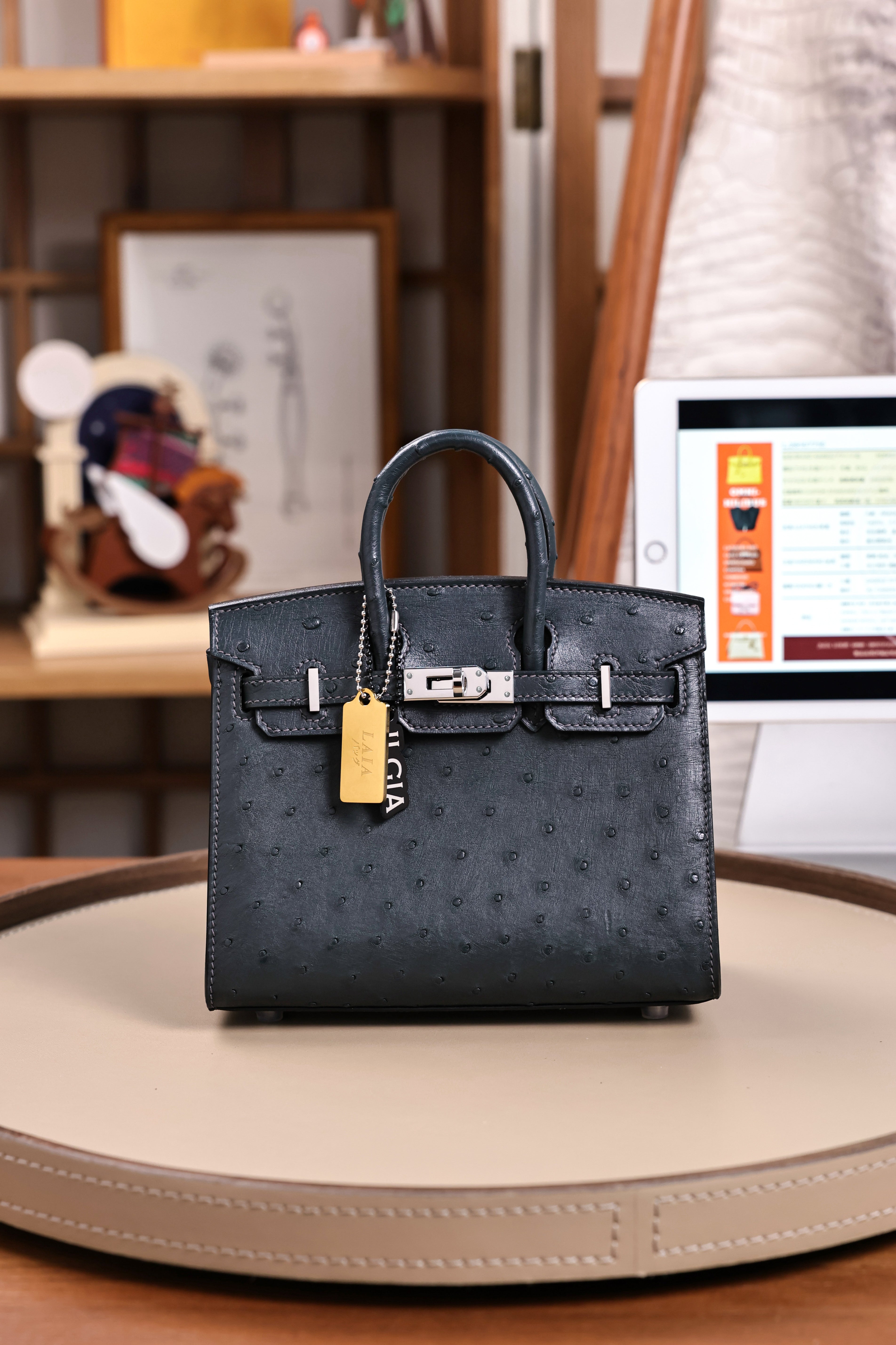 BK-2024 All Handmade Golden Hardware Graphite ostrich leather