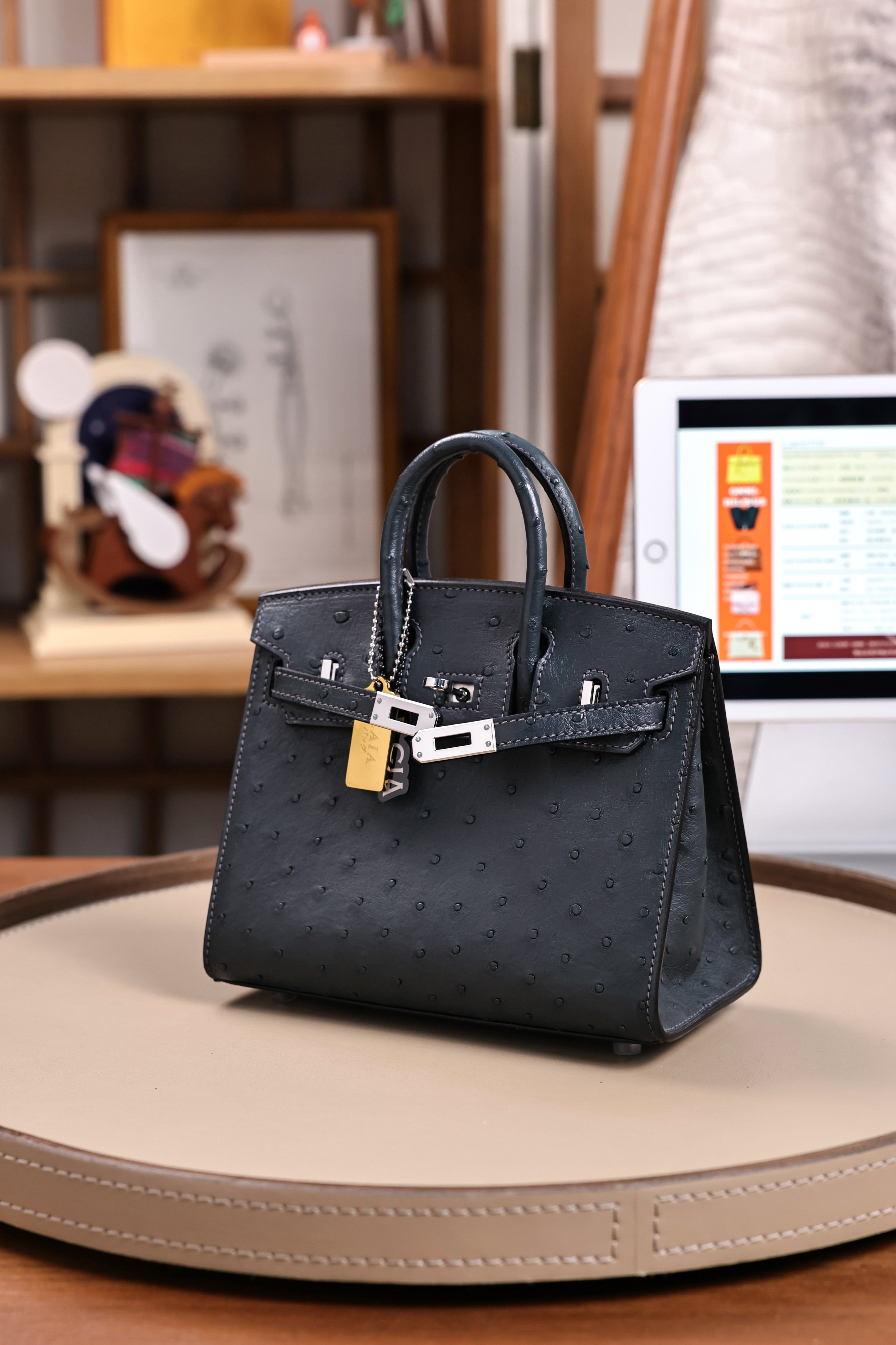 BK-2024 All Handmade Golden Hardware Graphite ostrich leather
