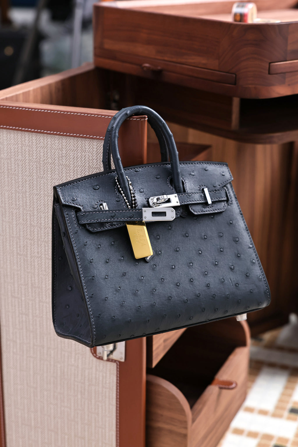 BK-2024 All Handmade Golden Hardware Graphite ostrich leather