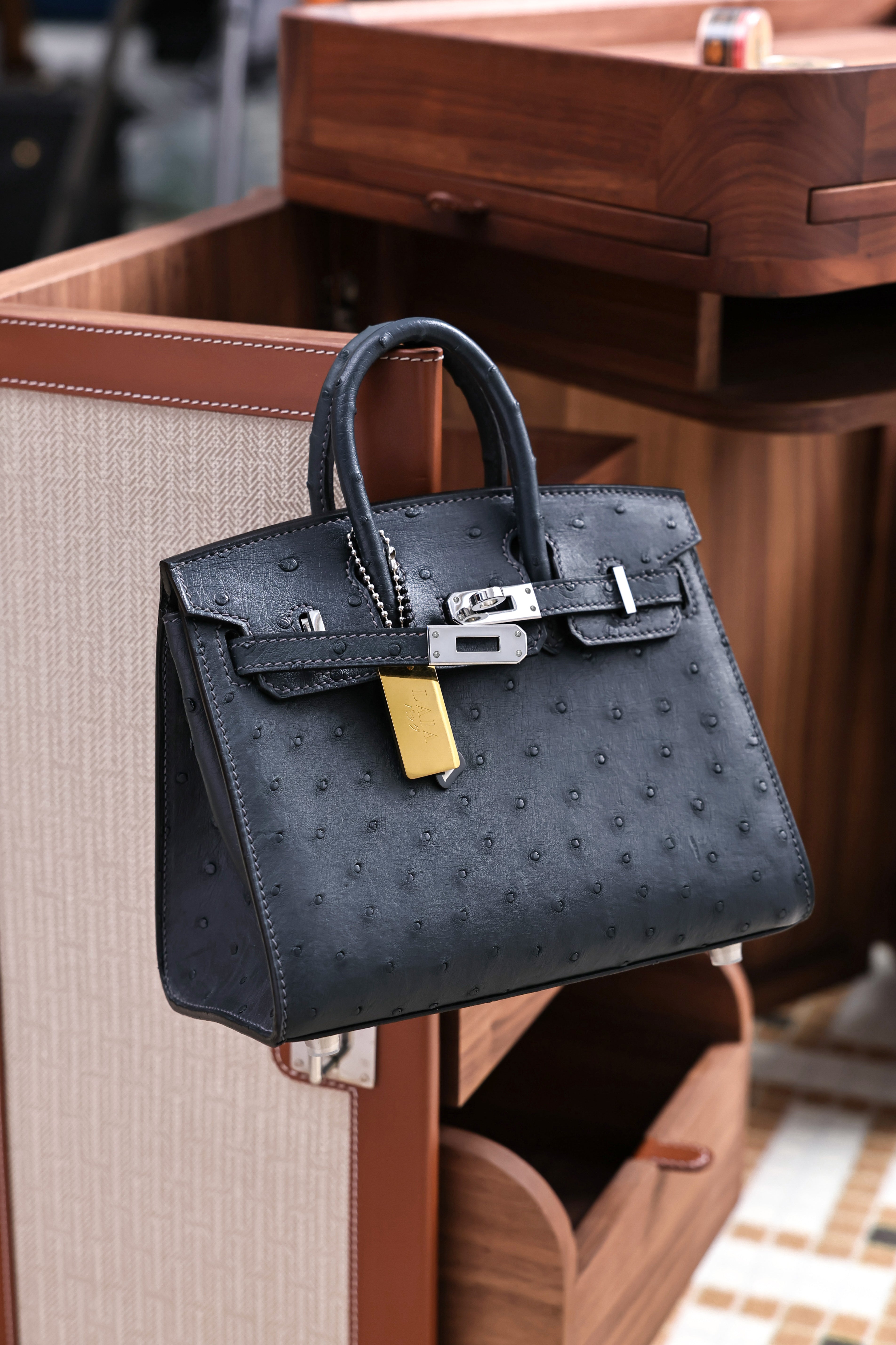 BK-2024 All Handmade Golden Hardware Graphite ostrich leather