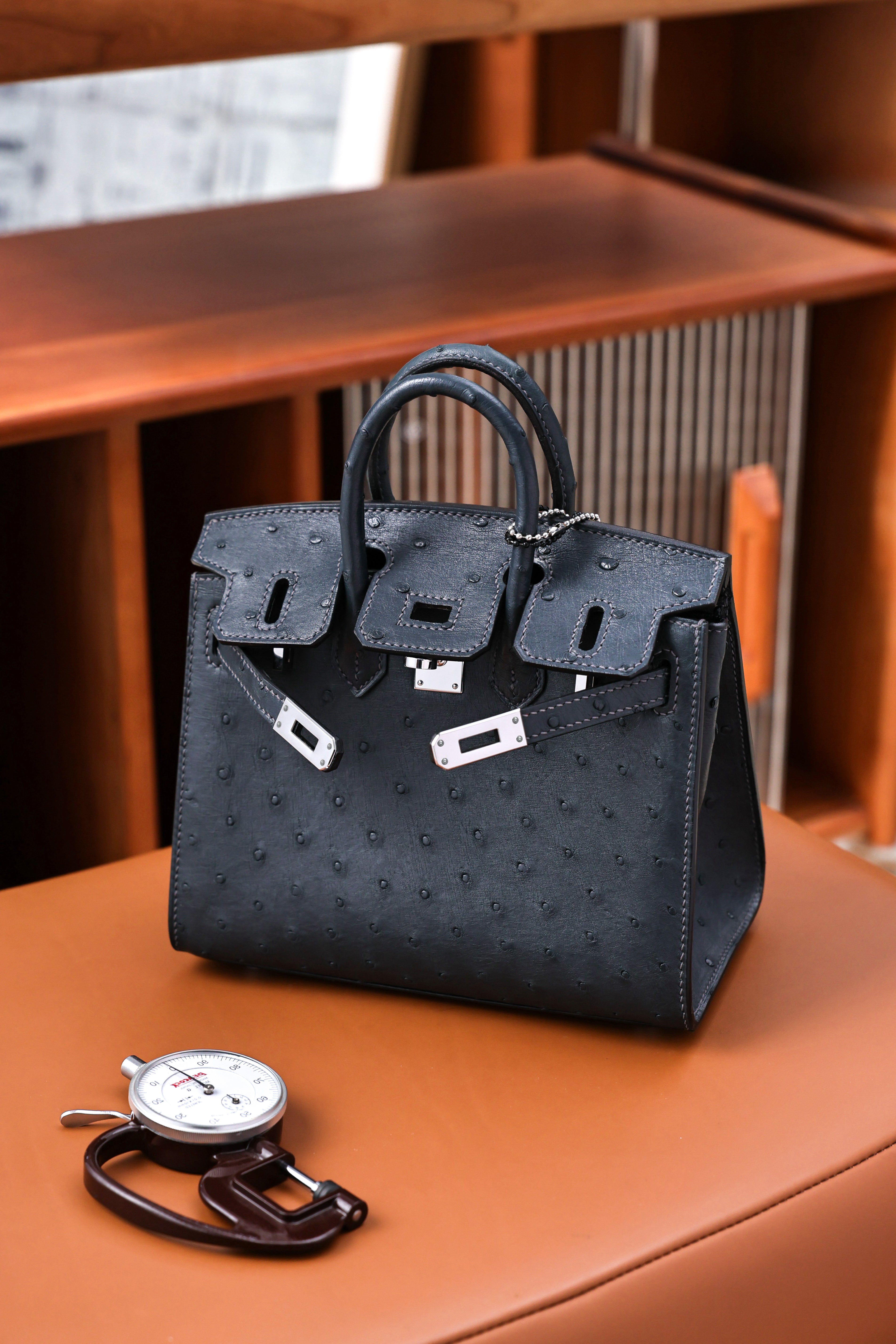 BK-2024 All Handmade Golden Hardware Graphite ostrich leather