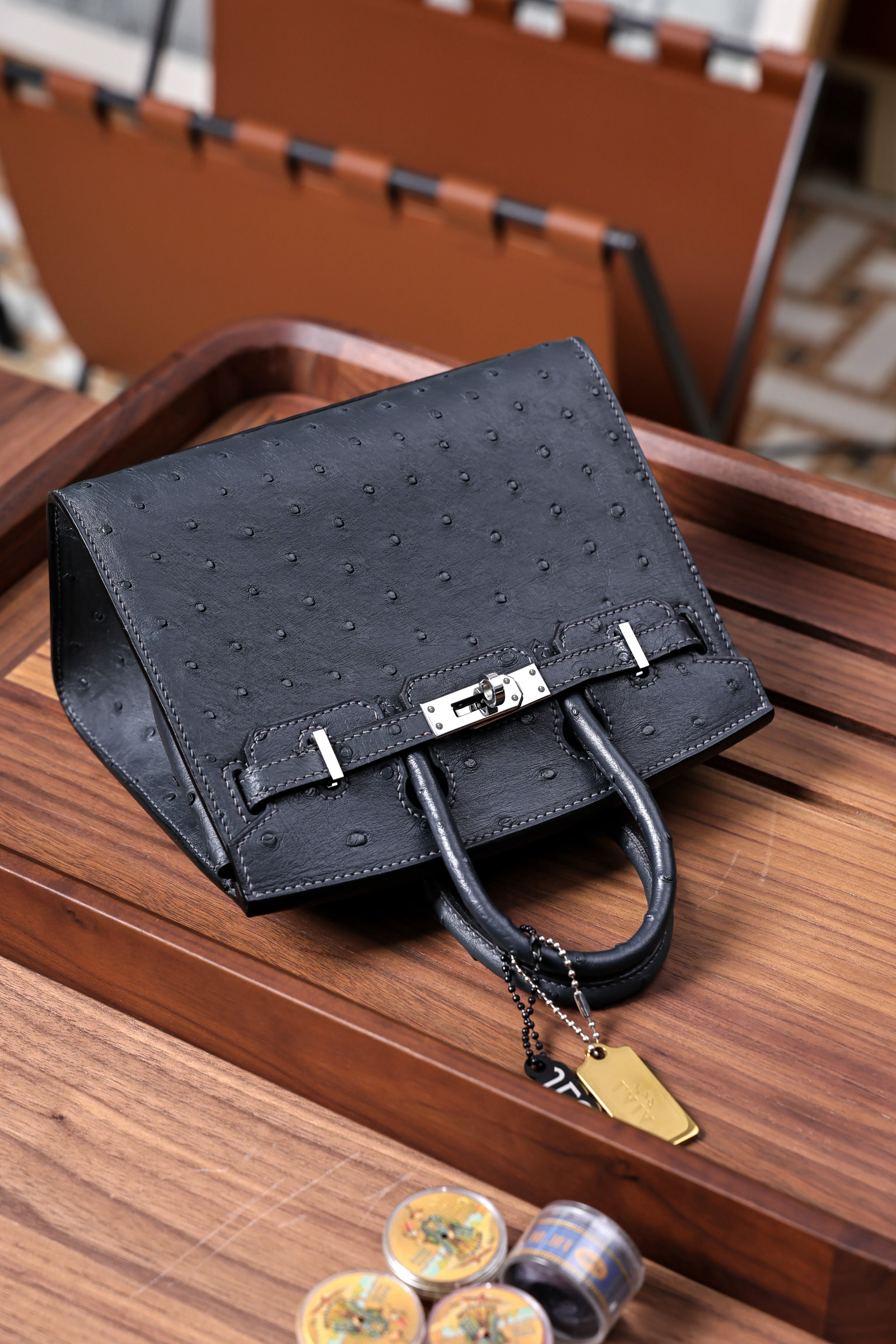 BK-2024 All Handmade Golden Hardware Graphite ostrich leather