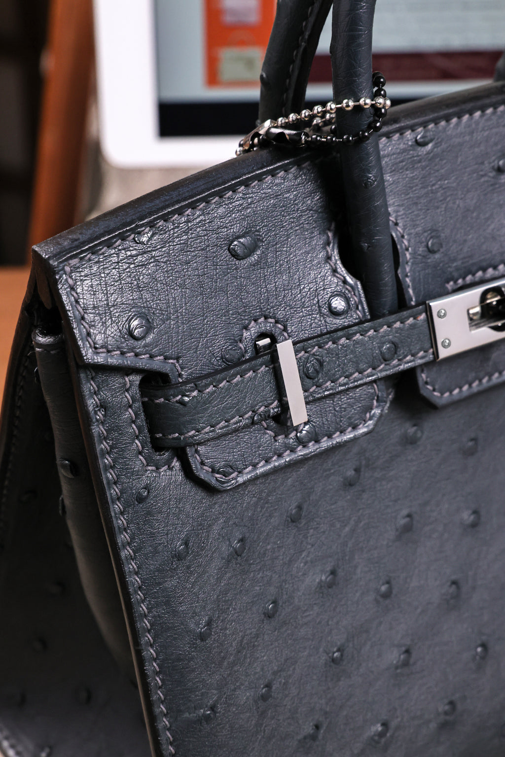 BK-2024 All Handmade Golden Hardware Graphite ostrich leather