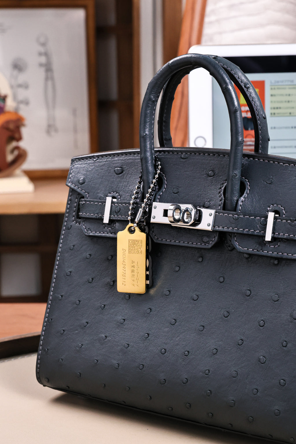BK-2024 All Handmade Golden Hardware Graphite ostrich leather