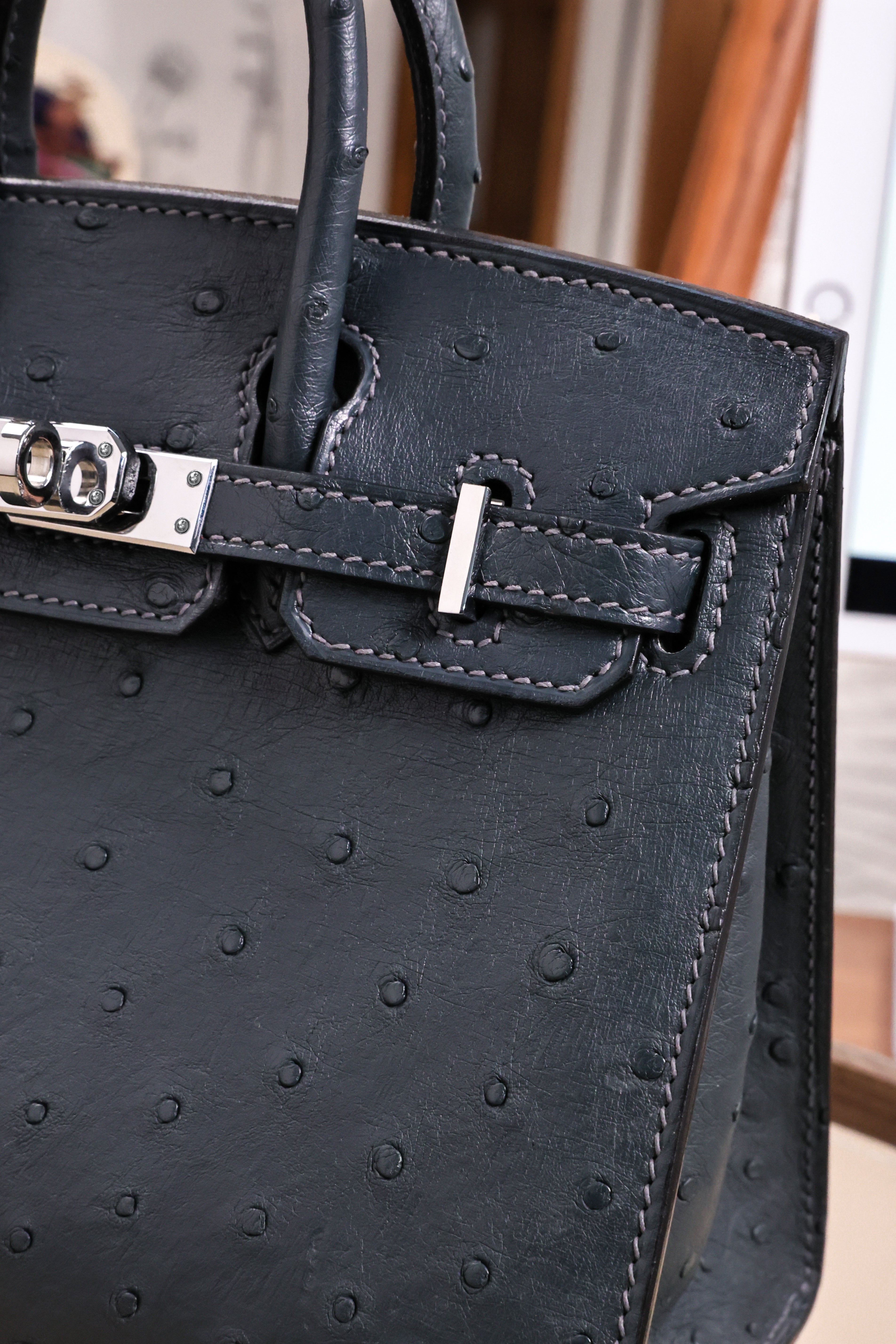 BK-2024 All Handmade Golden Hardware Graphite ostrich leather