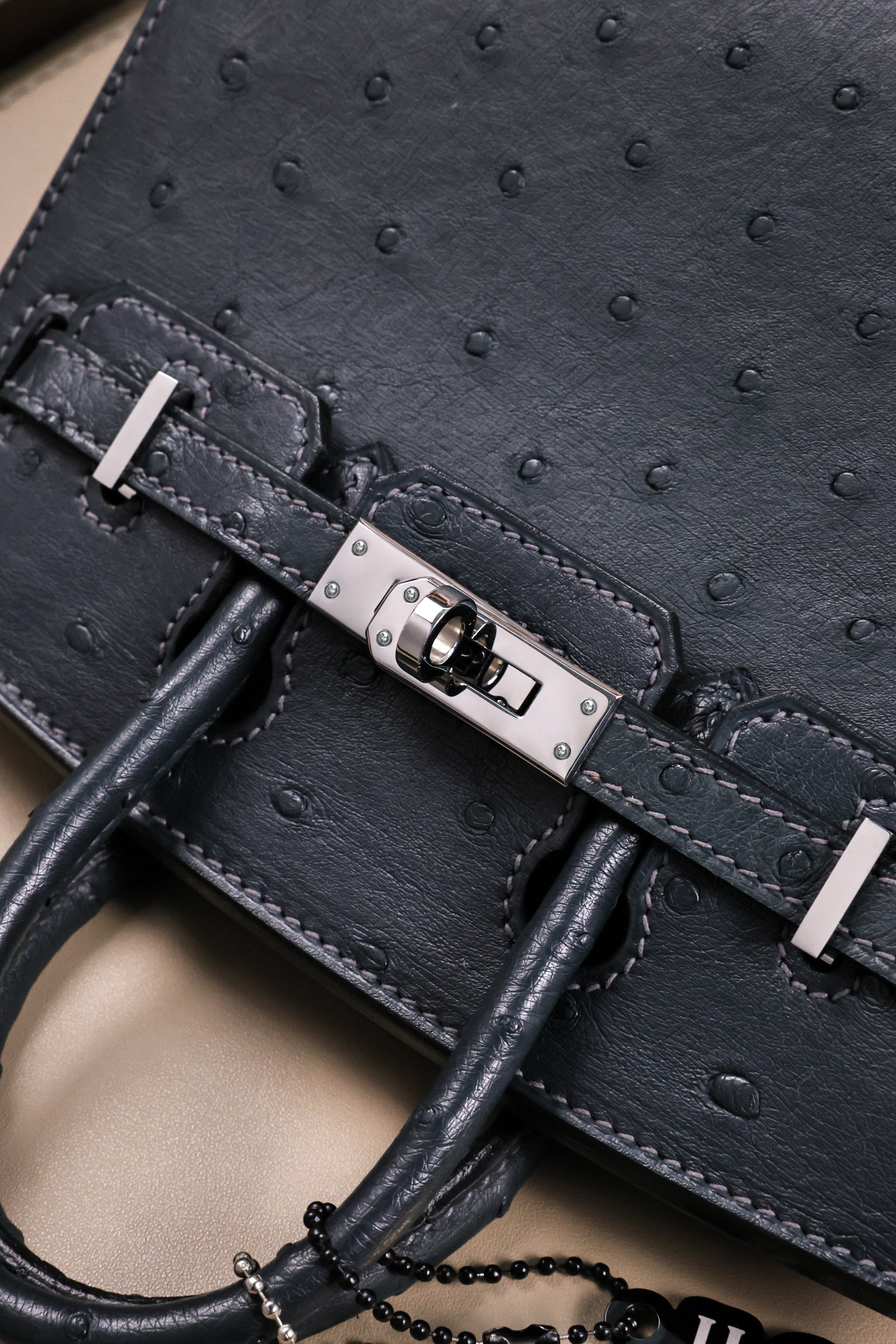 BK-2024 All Handmade Golden Hardware Graphite ostrich leather