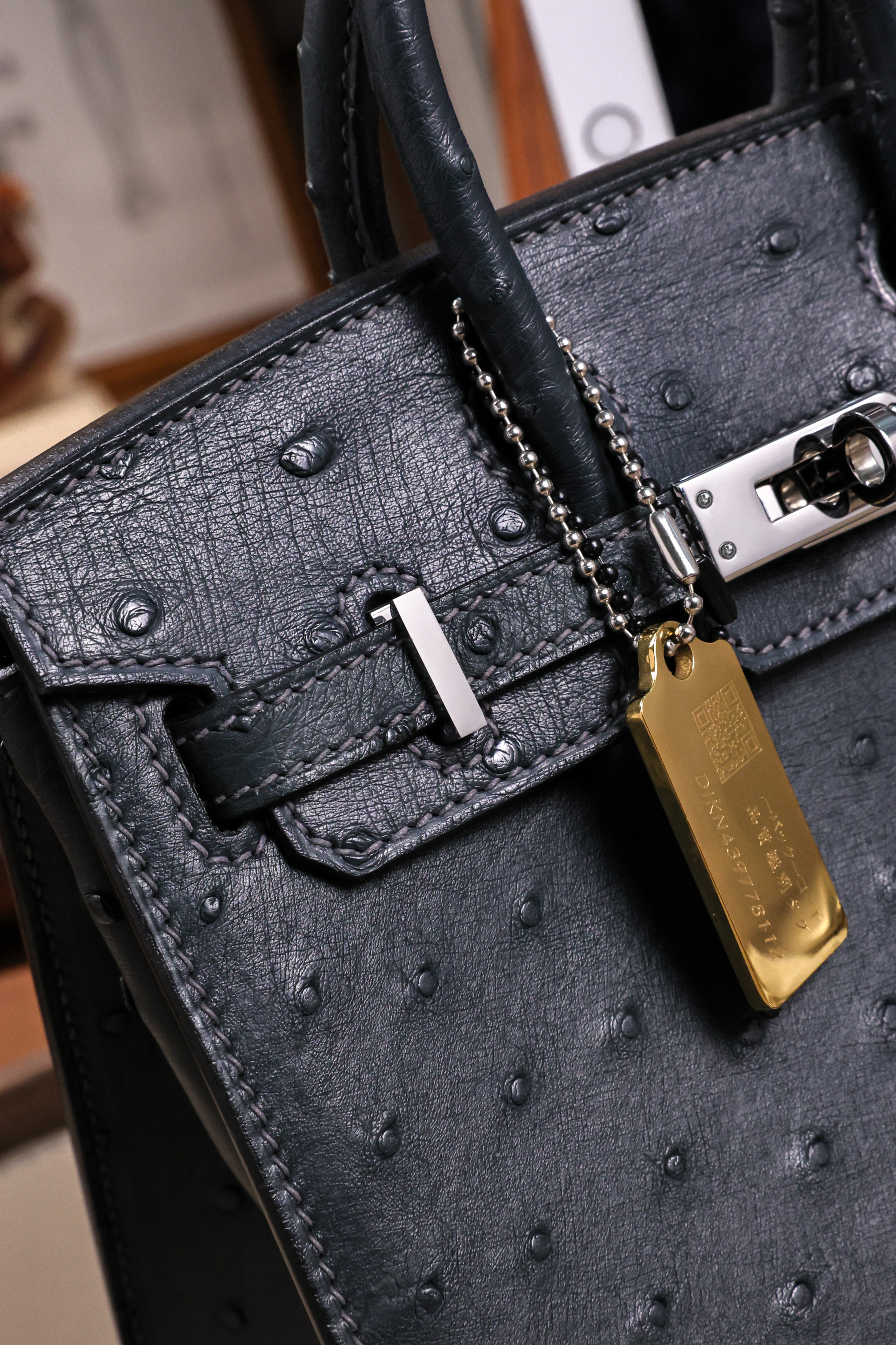 BK-2024 All Handmade Golden Hardware Graphite ostrich leather